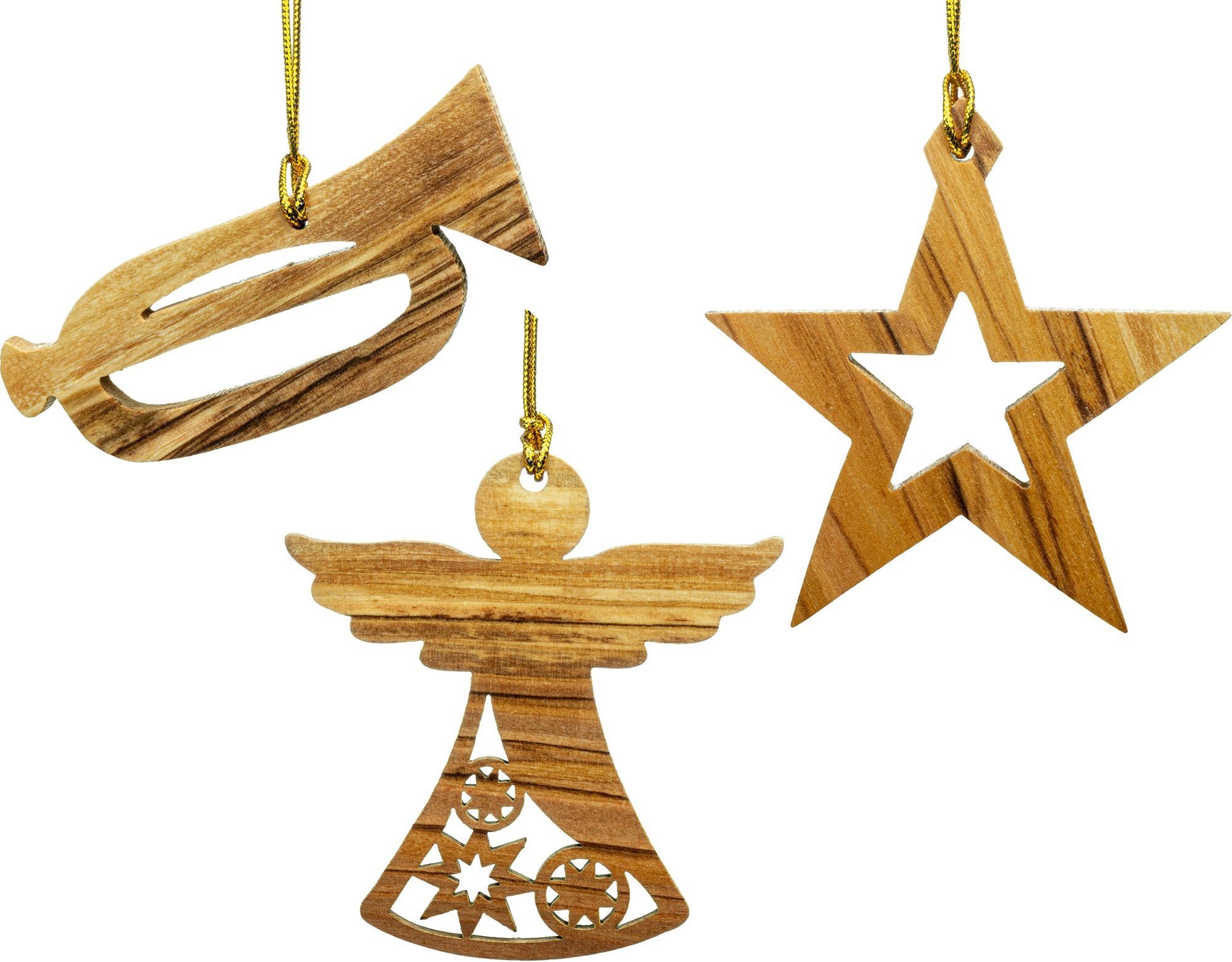 SIKORA Christbaumschmuck OH-SET5 Baumschmuck Olivenholz Anhänger aus Bethlehem ENGEL TROMPETE STERN 3er Set