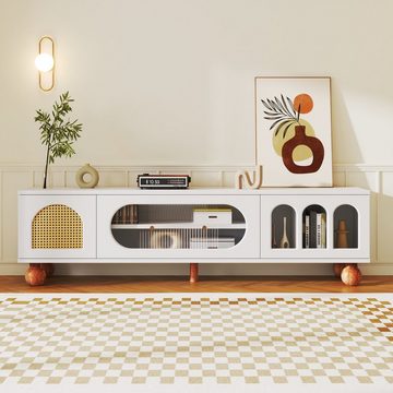 REDOM TV-Schrank Lowboard mit Glasschiebetüren, Fernsehtisch, Stauraum, Rattantür