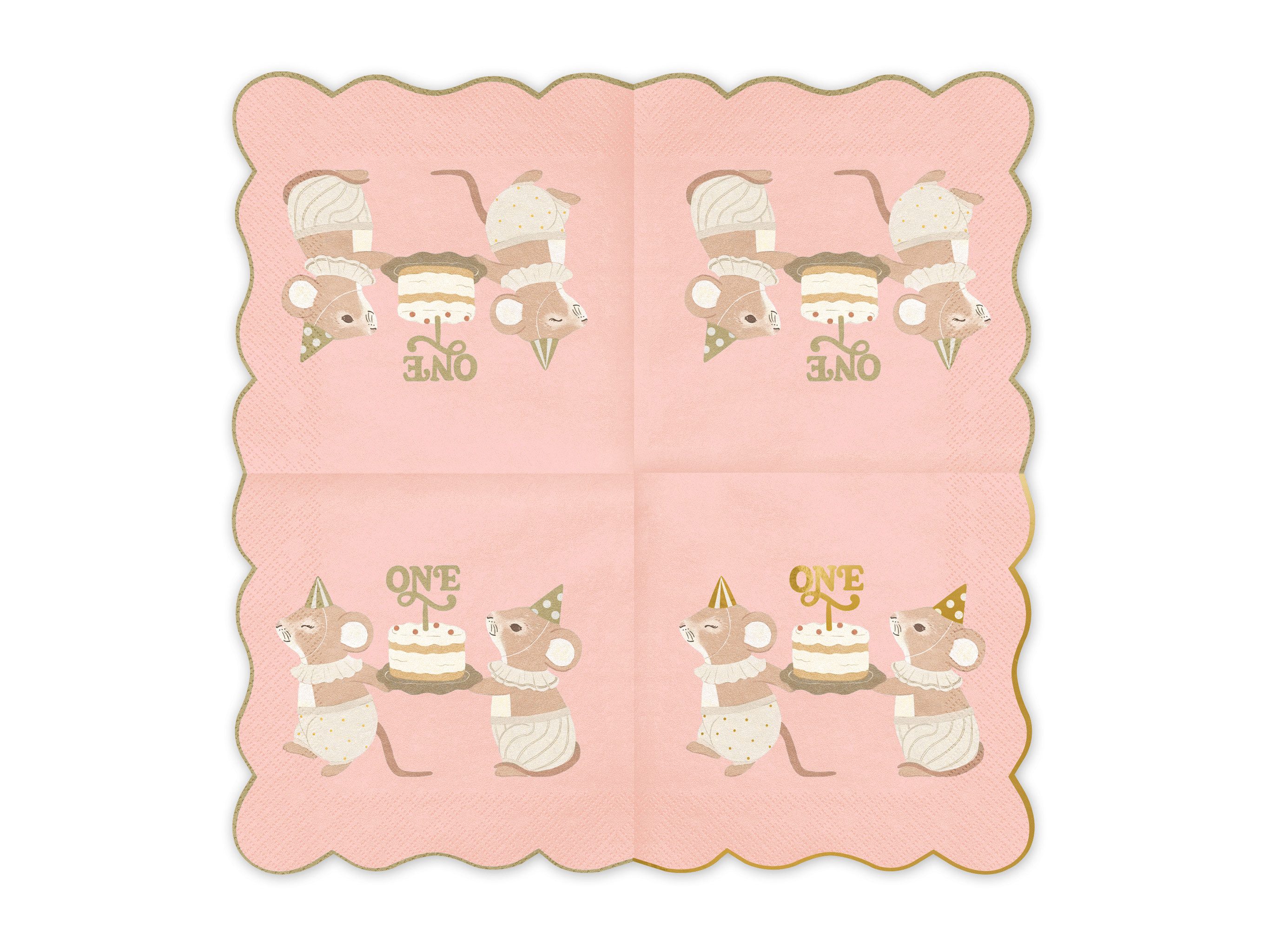 partydeco Papierserviette, Servietten Papier 33x33cm 2-lagig 12 Stück ONE mit Mäusen Rosa / Gold