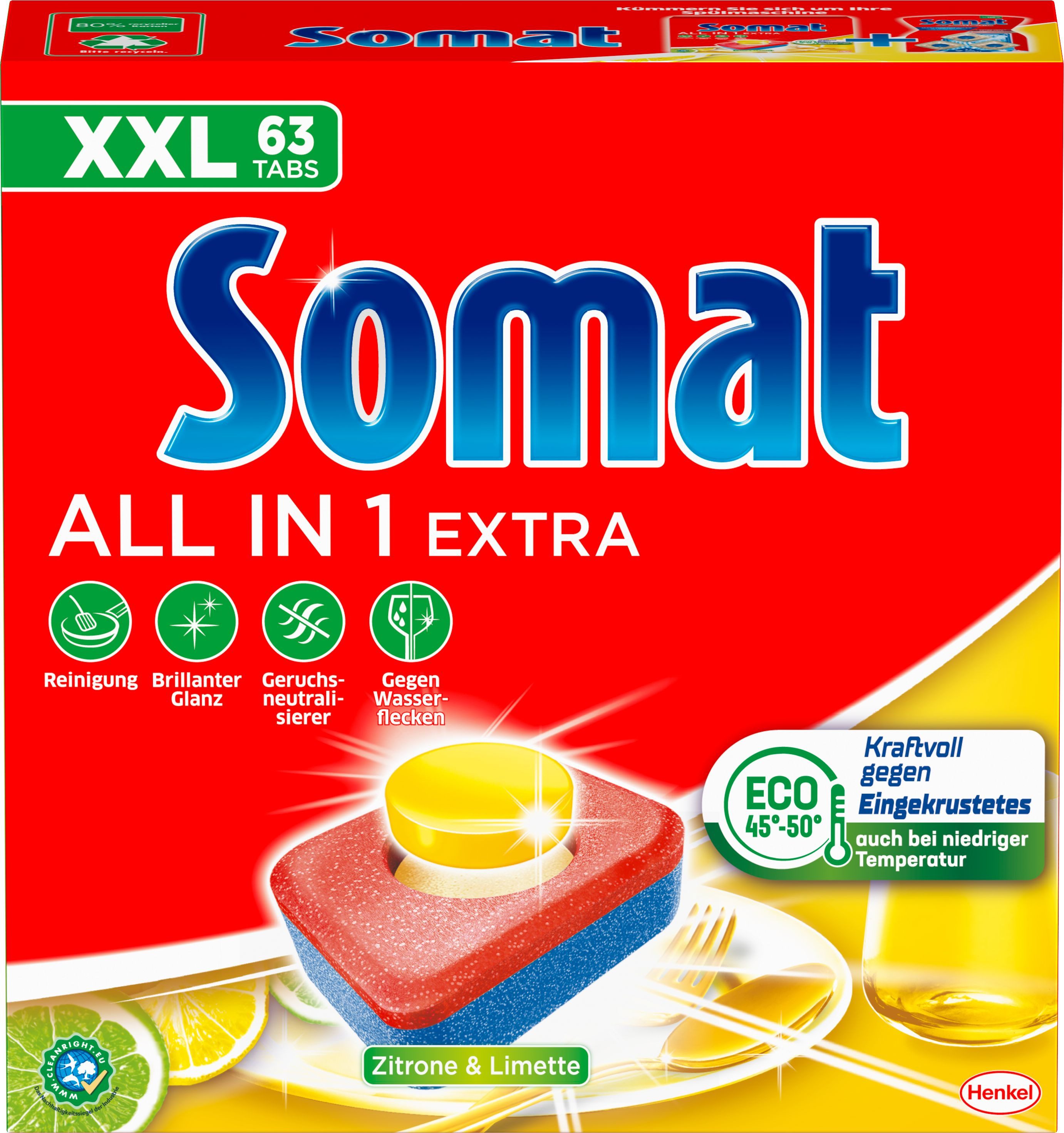 Somat All in 1 Extra Zitrone & Limette Spülmaschinentabs (XXL Pack, [63-St. besonders kraftvoll gegen Eingetrocknetes)