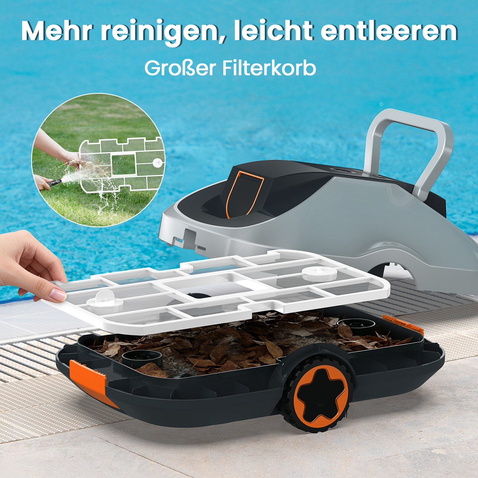 INSE Poolroboter C1/2 Akku kabelloser Pool-Saugroboter 200Min Laufzeit Orange/Grün, (Packung), Intelligente Navigation Selbsteinparkfunktion kompakt & tragbar – Bild 5 von 5