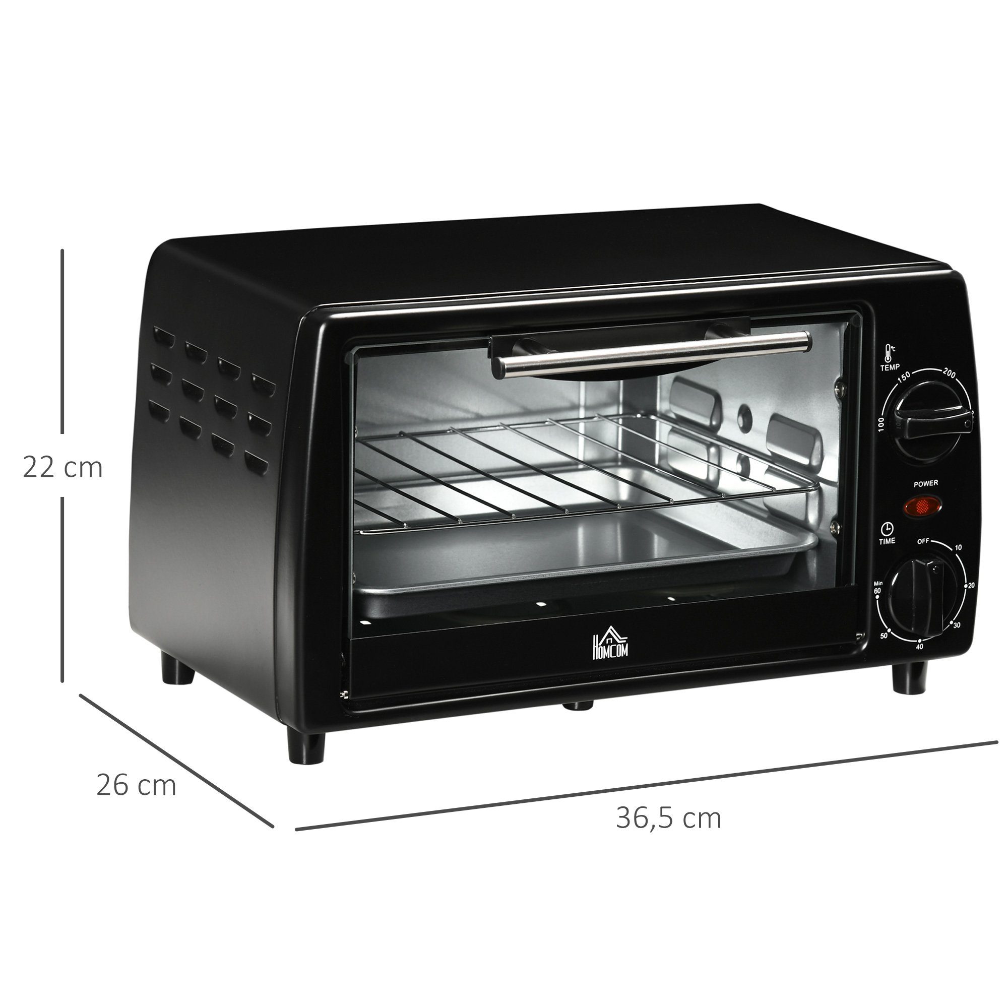 HOMCOM Minibackofen 10 Liter 750W Kleiner Elektrobackofen mit Temperatur, zum Grillen, Backen, Toasten, Schwarz