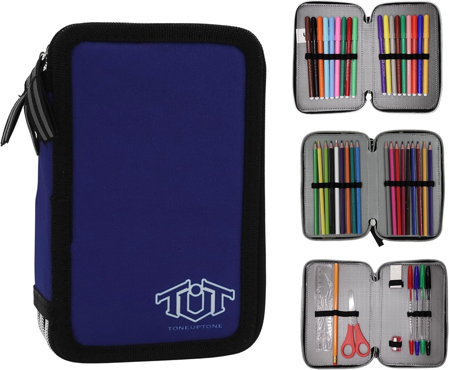 GOLDKIDS Federmäppchen Federmappe Federtasche XXL Schüleretui, (Federtasche Federpenal Schulmäppchen, 1-tlg., ToneUpTone dunkelblau schwarz 3), Fächer 45-teilig gefüllt inkl Hausaufgabenheft