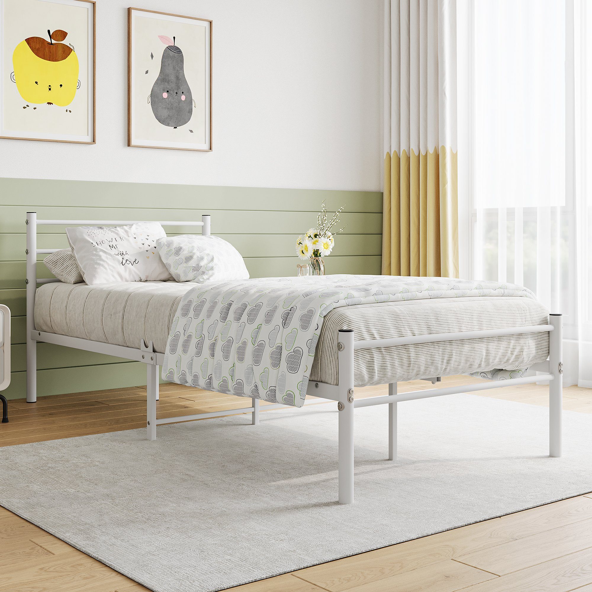 WISHDOR Metallbett Metallbett Einzelbett Metall Bett mit Lattenrost ohne  Matratze (90 x 200 cm Weiß), Praktisches Design, Platzsparend