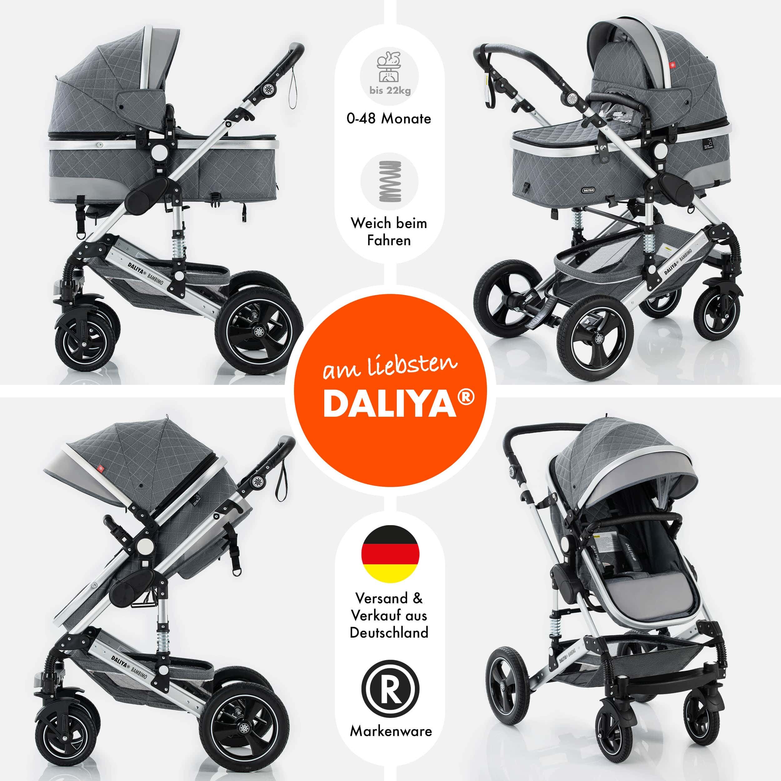 Daliya® Kombi-Kinderwagen BAMBIMO 2in1 Kinderwagen & Buggy, Babywanne und Sportsitz, Alu-Rahmen, (Grundausstattung für Babys, 9-tlg), Großer Einkaufskorb, Federung, weiche Matratze, Belüftungssystem