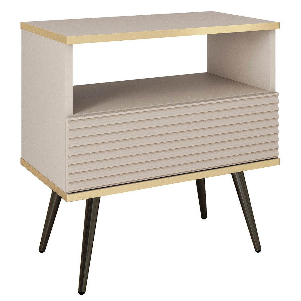 Lomadox Nachtschrank OLOVO-160 Beige, goldfarbenen Details, Rillenfront, Metallbeine in Schwarz