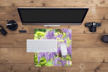 MuchoWow Gaming Mauspad Lila Glyzinie auf grünem Hintergrund (1-St), Mousepad mit Rutschfester Unterseite, Gaming, 40x40 cm, XXL, Großes