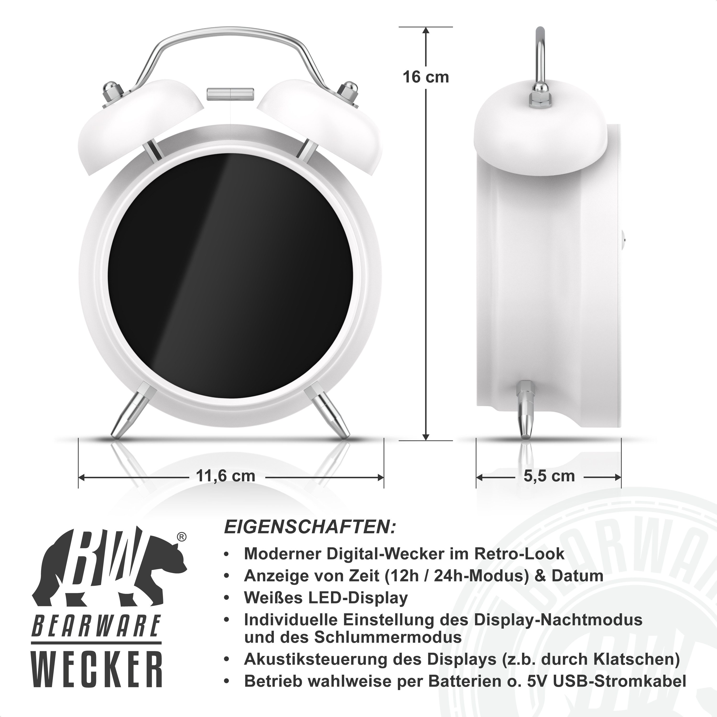 BEARWARE Wecker Digital, rund, Lichtring, Retro, lauter Glockenalarm für Tiefschläfer Einfache Bedienung, Zeit und Datum, Beleuchtet, ohne Ticken, Vintage