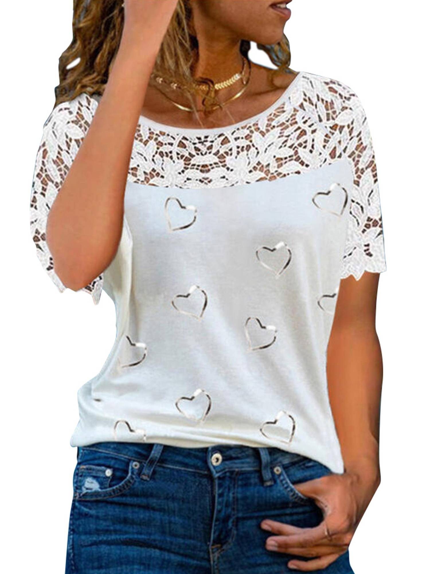 PYL V-Shirt »Damen Langarmshirt mit reines Weiß V-Ausschnitt und Spitze mit  Herzdruck Elegant und einfach Sexy kurze Ärmel aus Spitze« online kaufen |  OTTO