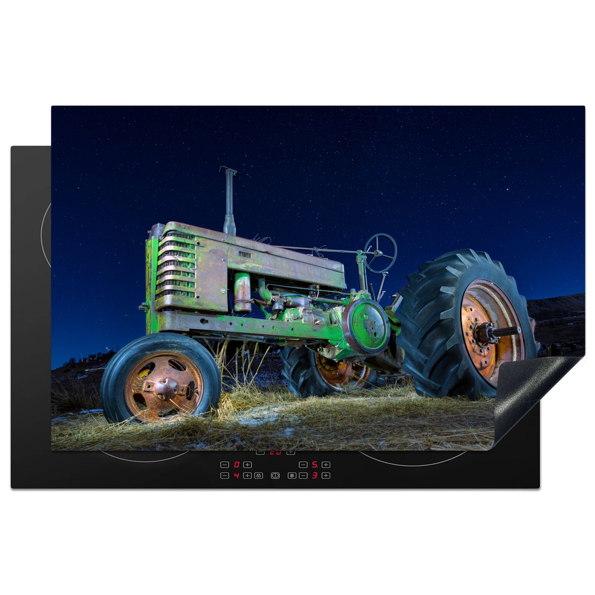 Schutz Traktor - Bauernhof Nacht, Ceranfeldabdeckung (1 81x52 Herdblende-/Abdeckplatte küche, MuchoWow - cm, tlg), Grün Induktionskochfeld für Sternenhimmel die Vinyl, - -