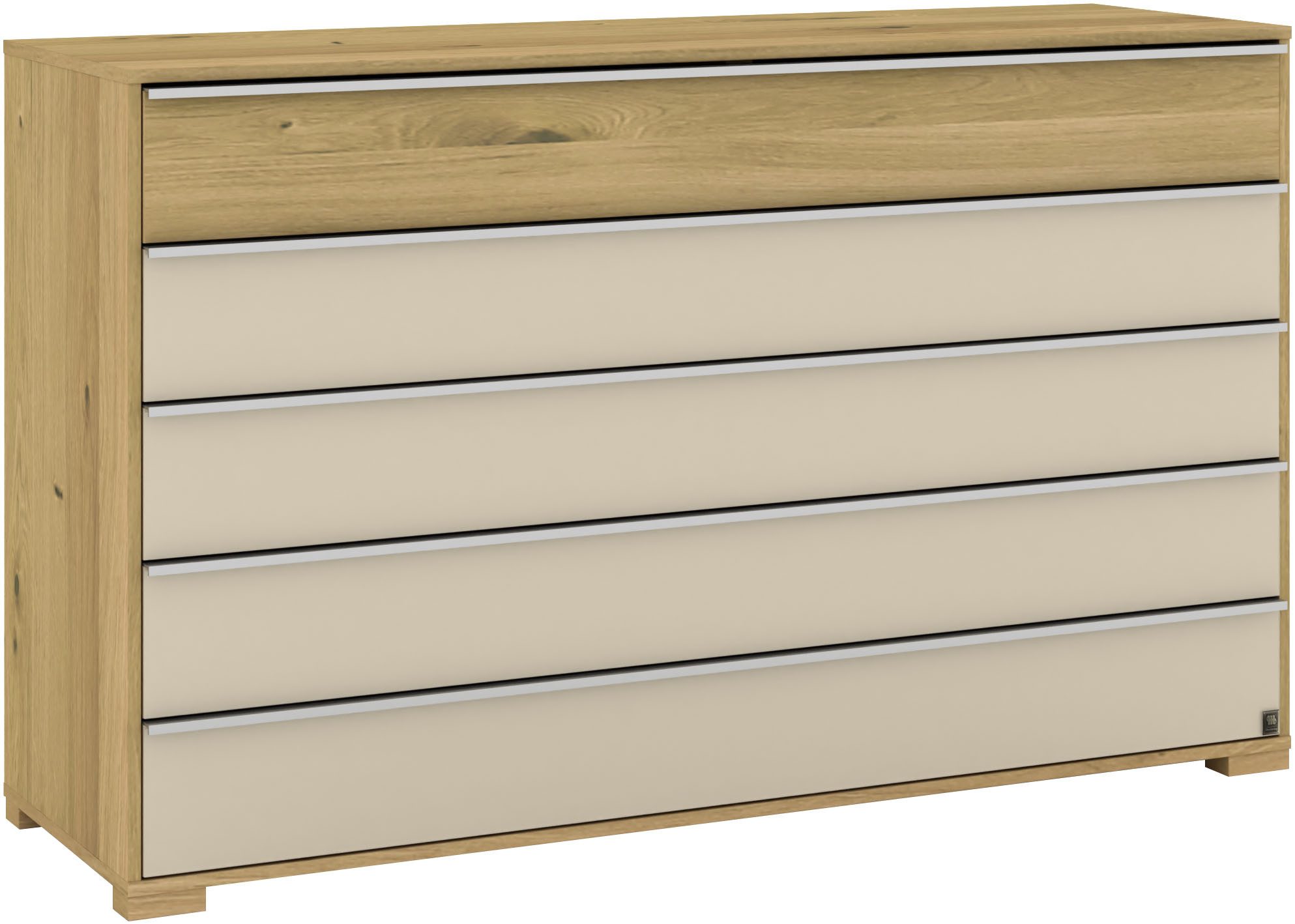 Musterring Schubkastenkommode Savona Sideboard, Wäscheschrank, mit Schubladen, teilmassiv, 141 cm (Bianco-Eiche, mit Glas, mit Selbsteinzug und Dämpfung, MADE IN GERMANY), Fronten in Bianco-Eiche massiv und Glas Champagner, B141 x H 86cm