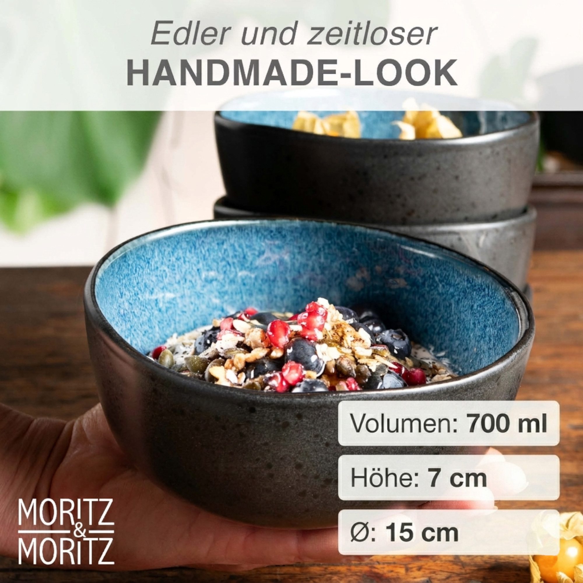 Moritz & Moritz Dessertschale ORGANIC reaktiv blau Müslibowl Set 6 tlg., Steinzeug, (Set, 6-tlg), Müslibowls für 6 Personen