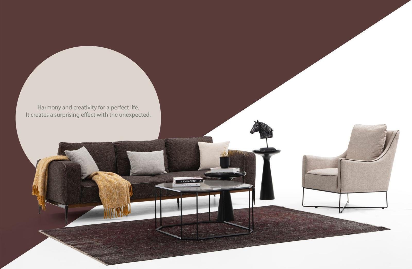 Dreisitzer Modern 3 in Teile, Stoff Grau, 3-Sitzer Wohnzimmer 1 Sitzer Design Sofa Europa Sofas JVmoebel Made