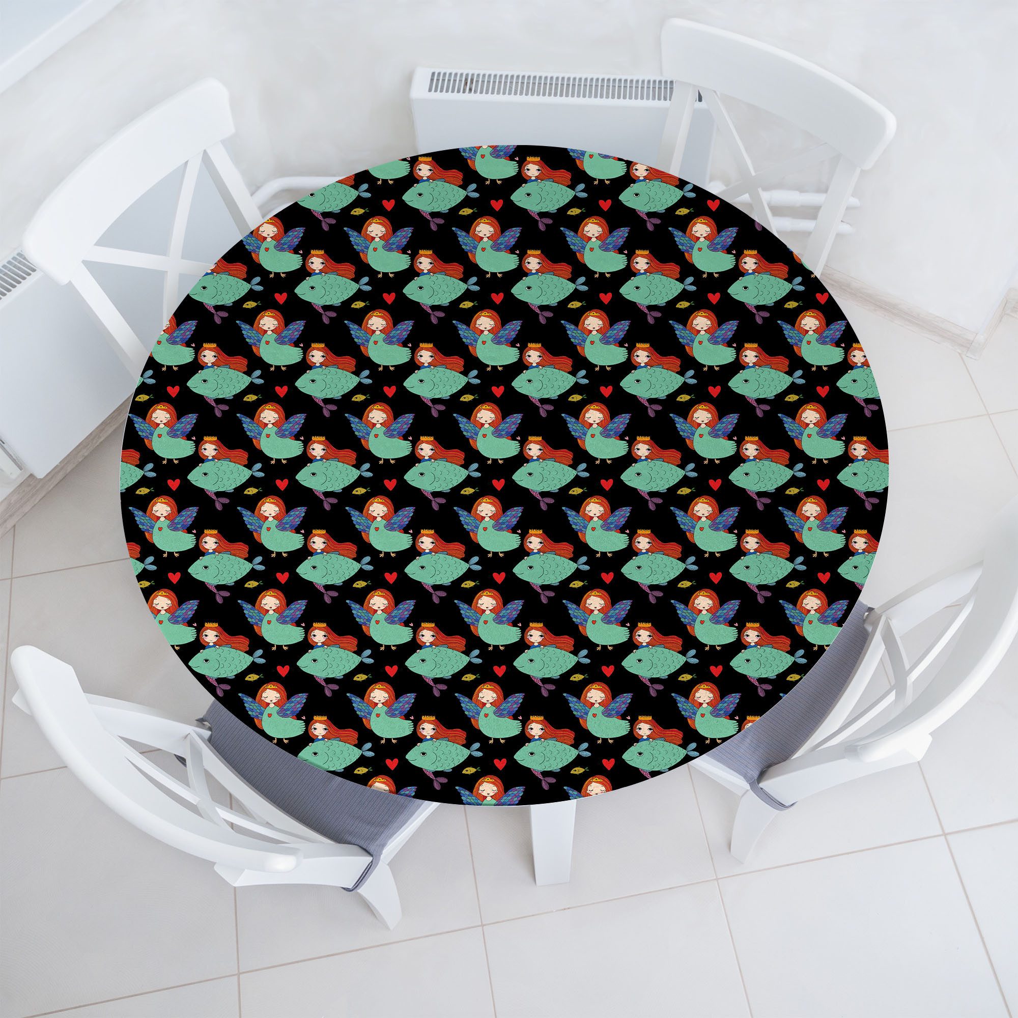 Abakuhaus Tischdecke Rundum-elastische Stofftischdecke, angel Wings Abstrakt Mädchen mit Fisch