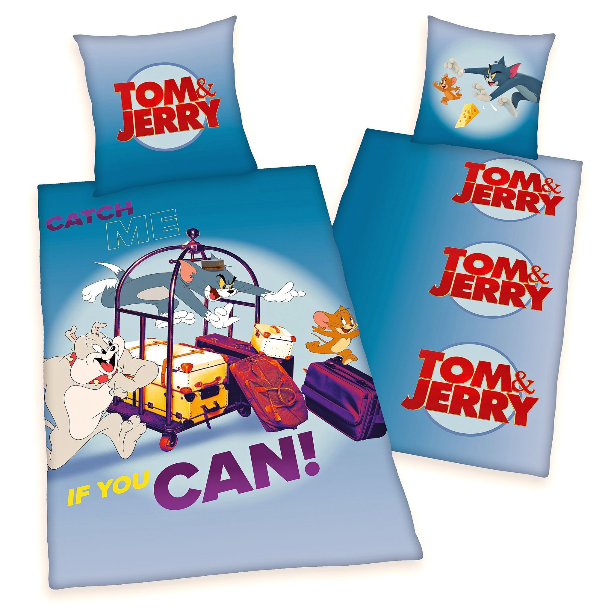 Herding Kinderbettwäsche Tom & Jerry 135x200cm Catch me if you can, Renforcé, 2 teilig, TOM AND JERRY, Blau, Knopfleiste, Baumwolle