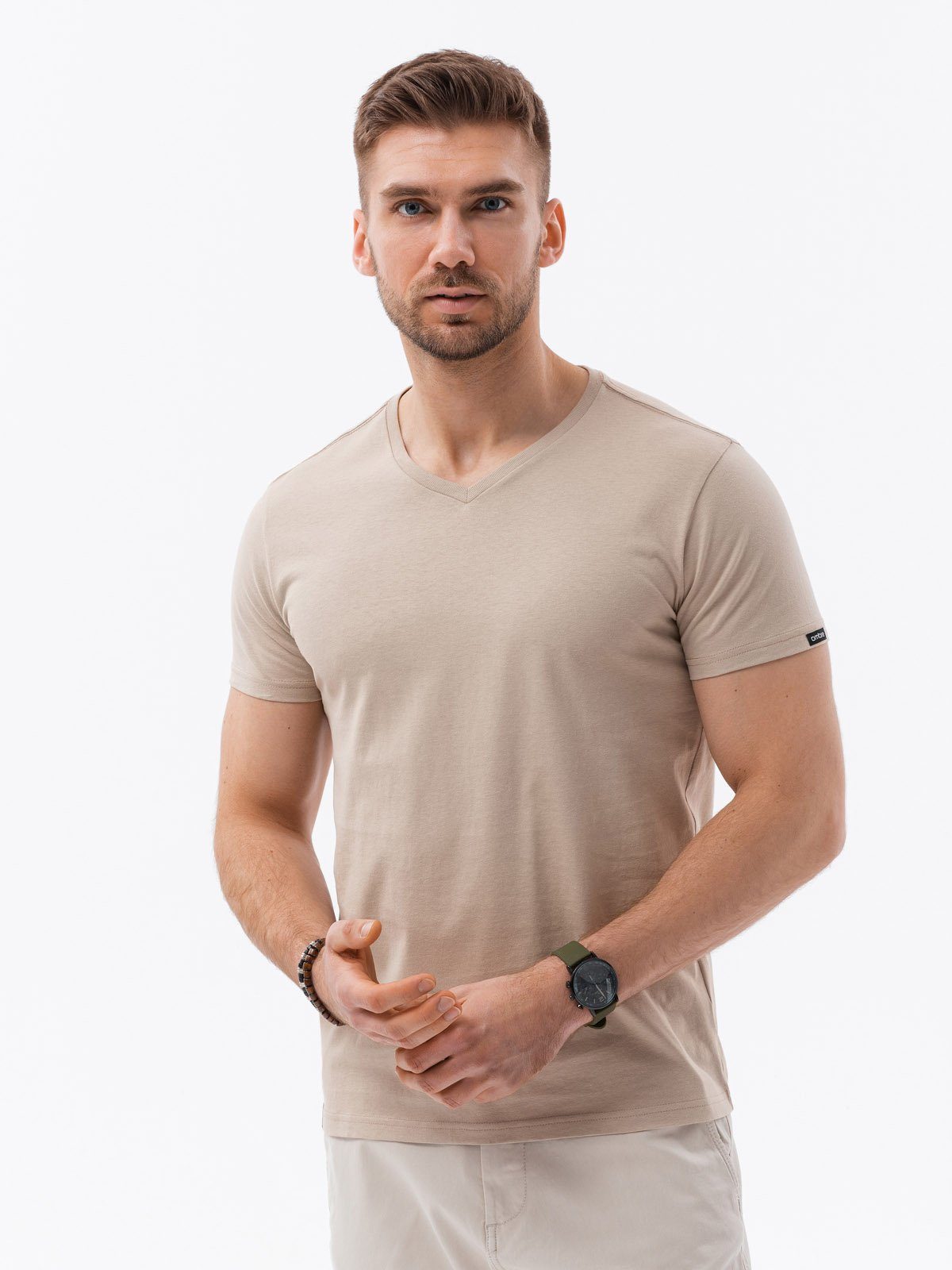 OMBRE T-Shirt Herren-T-Shirt BASIC mit V-Ausschnitt - sand V5 S1369 XXL grau