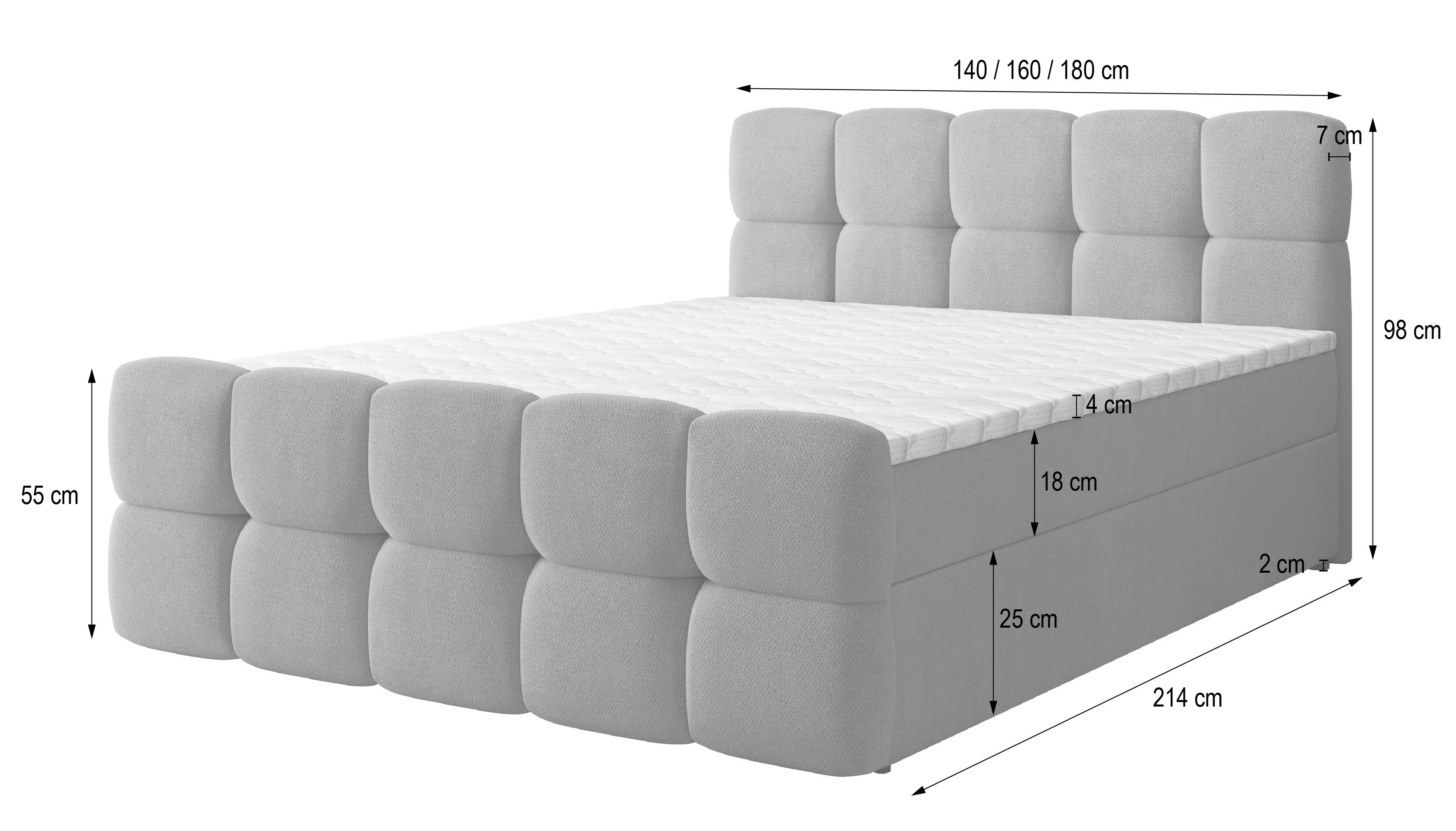 Masseno Boxbett BRUME 140x200 cm mit Bonell Matratze und Topper, Doppelbett, Polsterbett mit Kopfteil, Boxspringbett – Bild 5 von 5