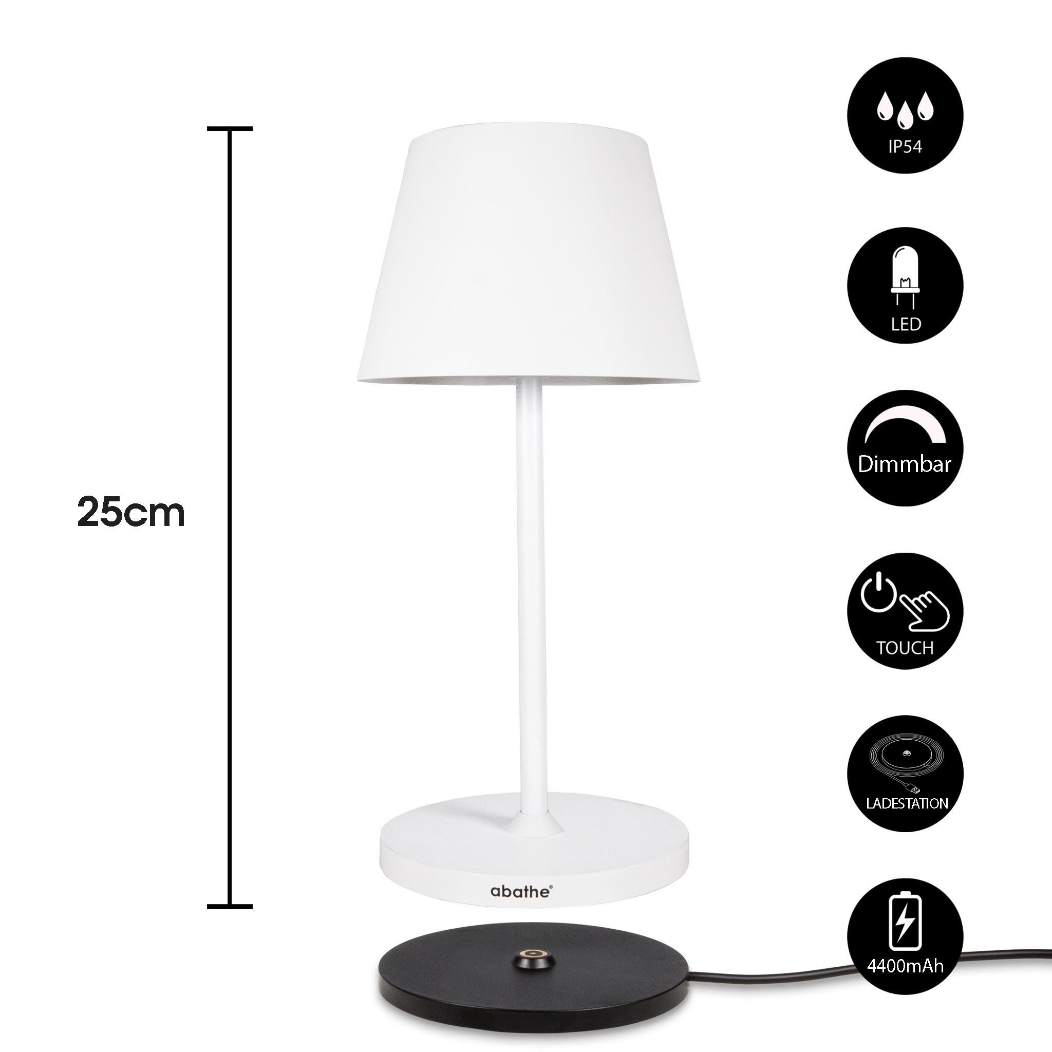 abathe USB-Tischleuchte abathe LED Akku Tischleuchte round mit Ladestation weiß, dimmbar, aufladbar, sichtfreie Höhe von 25cm, IP54, Ladestation, 2700K