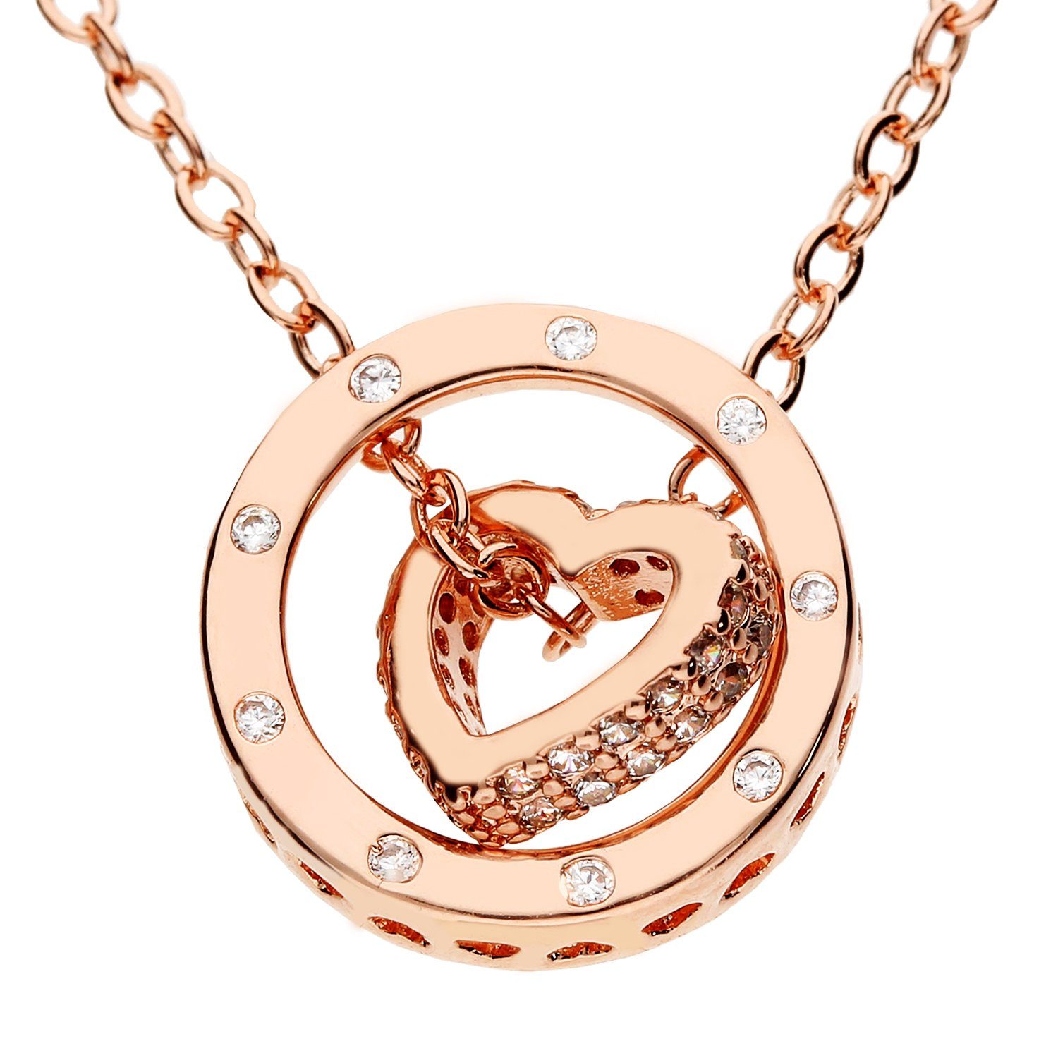 LÖB Kette mit Anhänger Kette 18K Roségold vergoldet Ring Herz Zirkonia Stein Glitzer Anhänger (Geschenke für Damen Frauen Freundin Mutter Mama zum Geburtstag Muttertag Muttertagsgeschenk, Inkl. Schmuckbox), Halskette Herzanhänger Herzen Herzkette Ringanhänger Strass Herzform