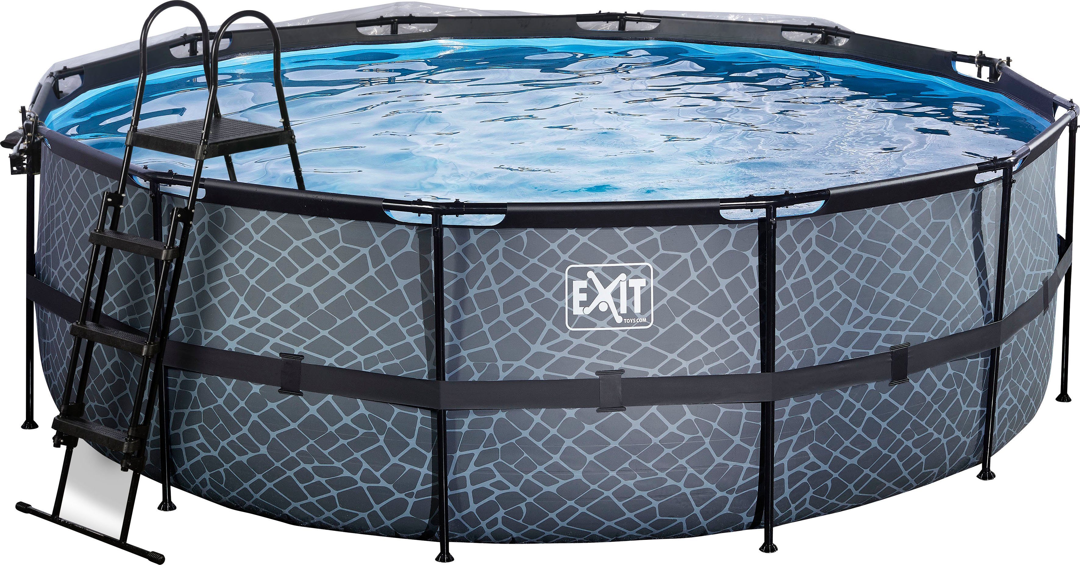 EXIT Framepool inkl. multifunktionaler Poolabdeckung & Wärmepumpe (Set, 5-tlg), ØxH: 427x122 cm, mit Sandfilteranlage und Sicherheitsleiter