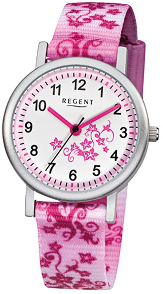 Regent Quarzuhr Regent Kinder-Armbanduhr rosa pink weiß, (Analoguhr), Kinder Armbanduhr rund, klein (ca. 29mm), Textilarmband