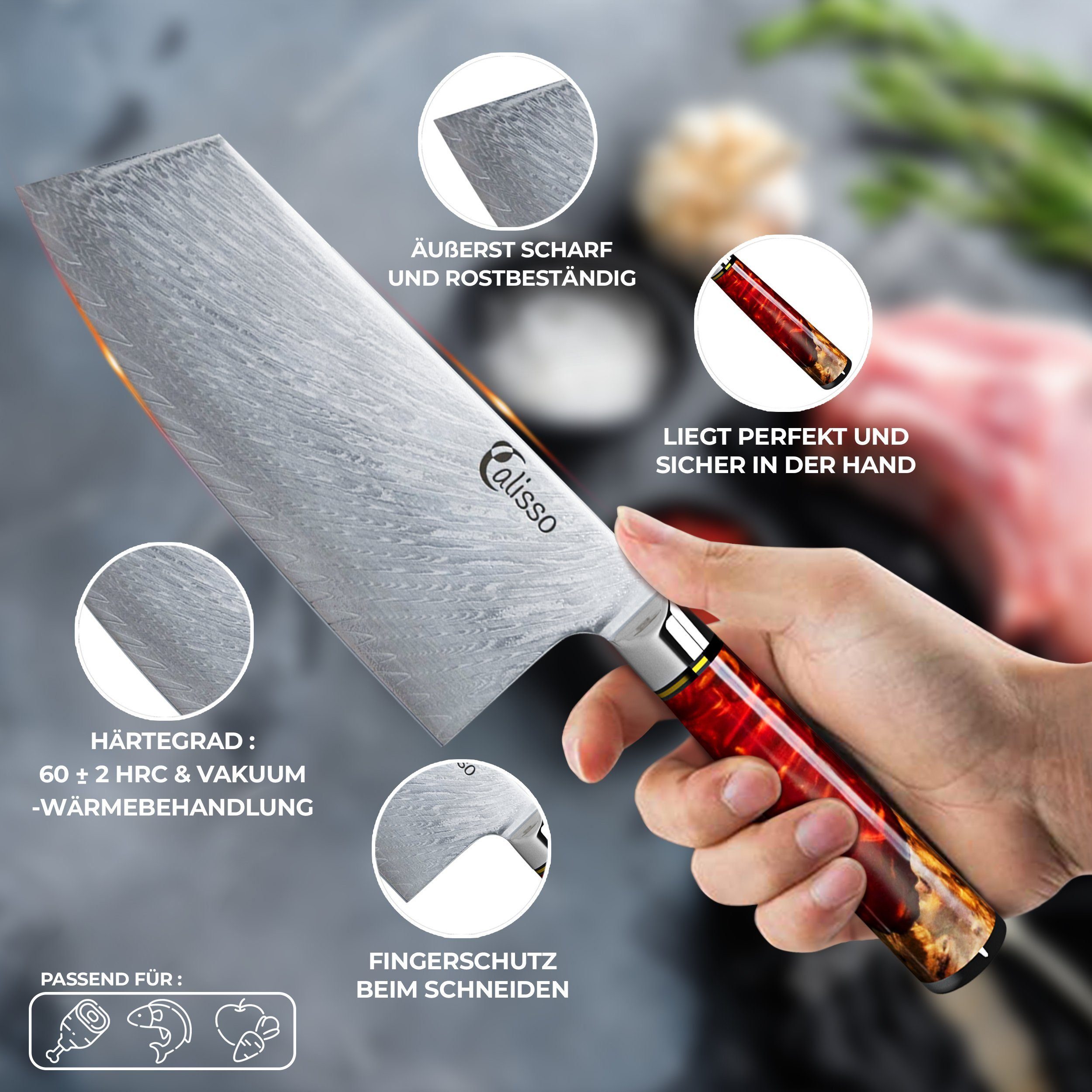 Calisso Hackmesser Ruby Line Chai Dao Chinesisches Küchenmesser, Damaskus Stahl