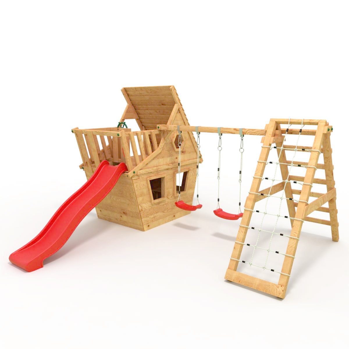 bibex Spielturm Wunderhäuschen M120 + Rutsche, 2xSchaukel, Knotennetz, Klettersteine