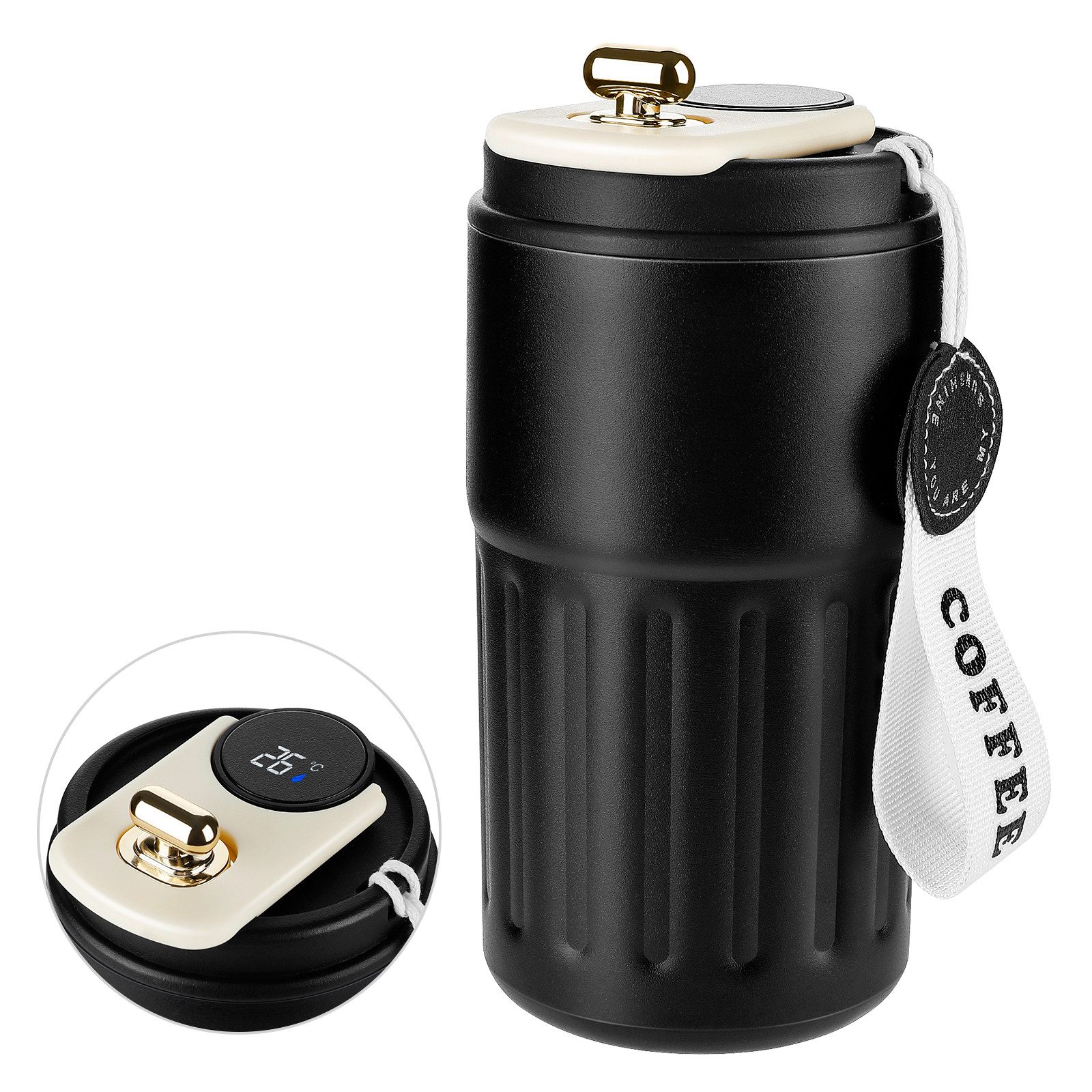 EXTSUD Thermobecher 410ml 316 Edelstahl Kaffeebecher, Digitalanzeige Thermobecher, 316-Edelstahl und Keramik, Travel Coffee Mug, Isolierter auslaufsicher Termokaffeebecher