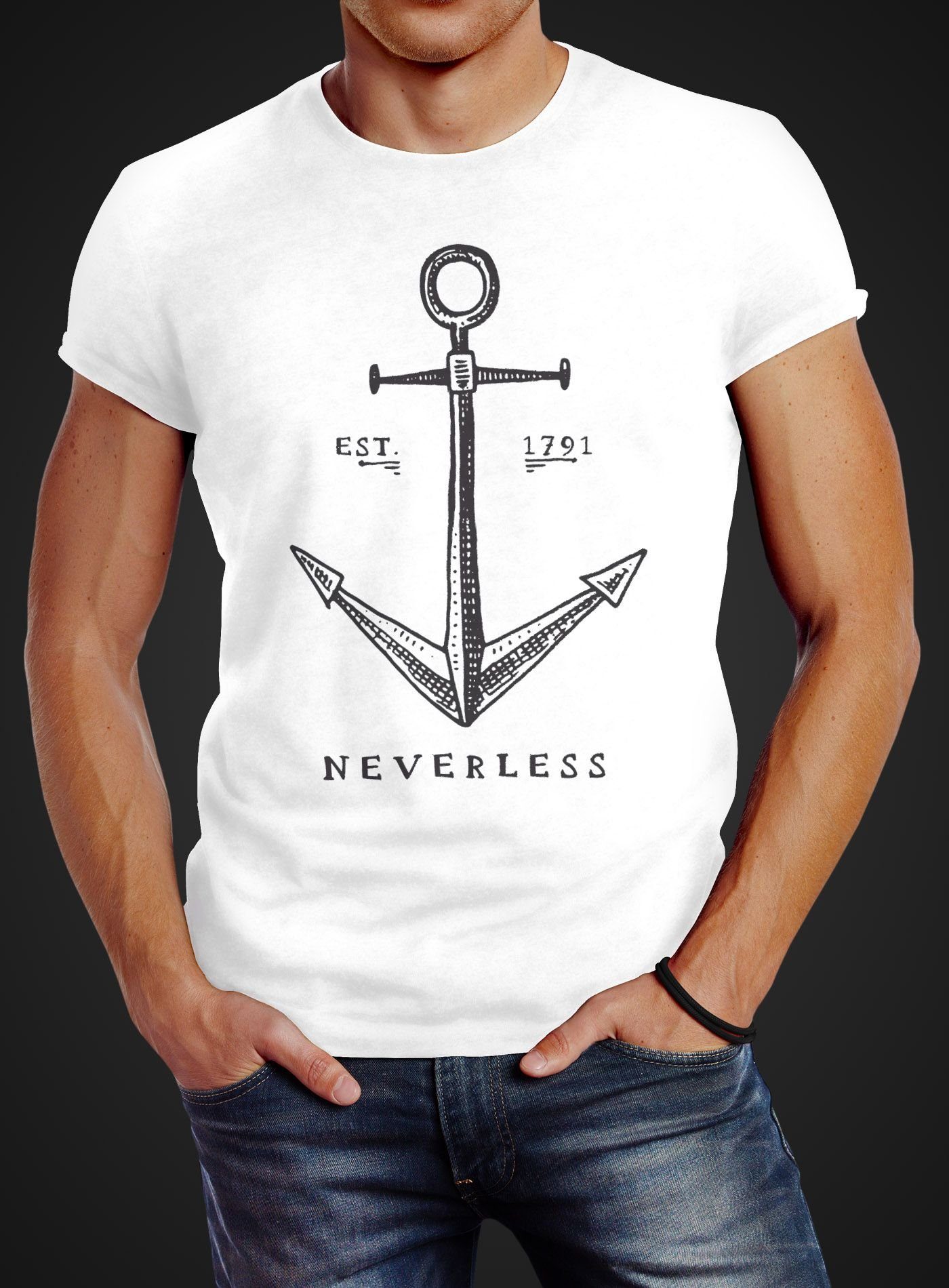 Print Slim Neverless Neverless® Print-Shirt T-Shirt Anker Herren Fit mit