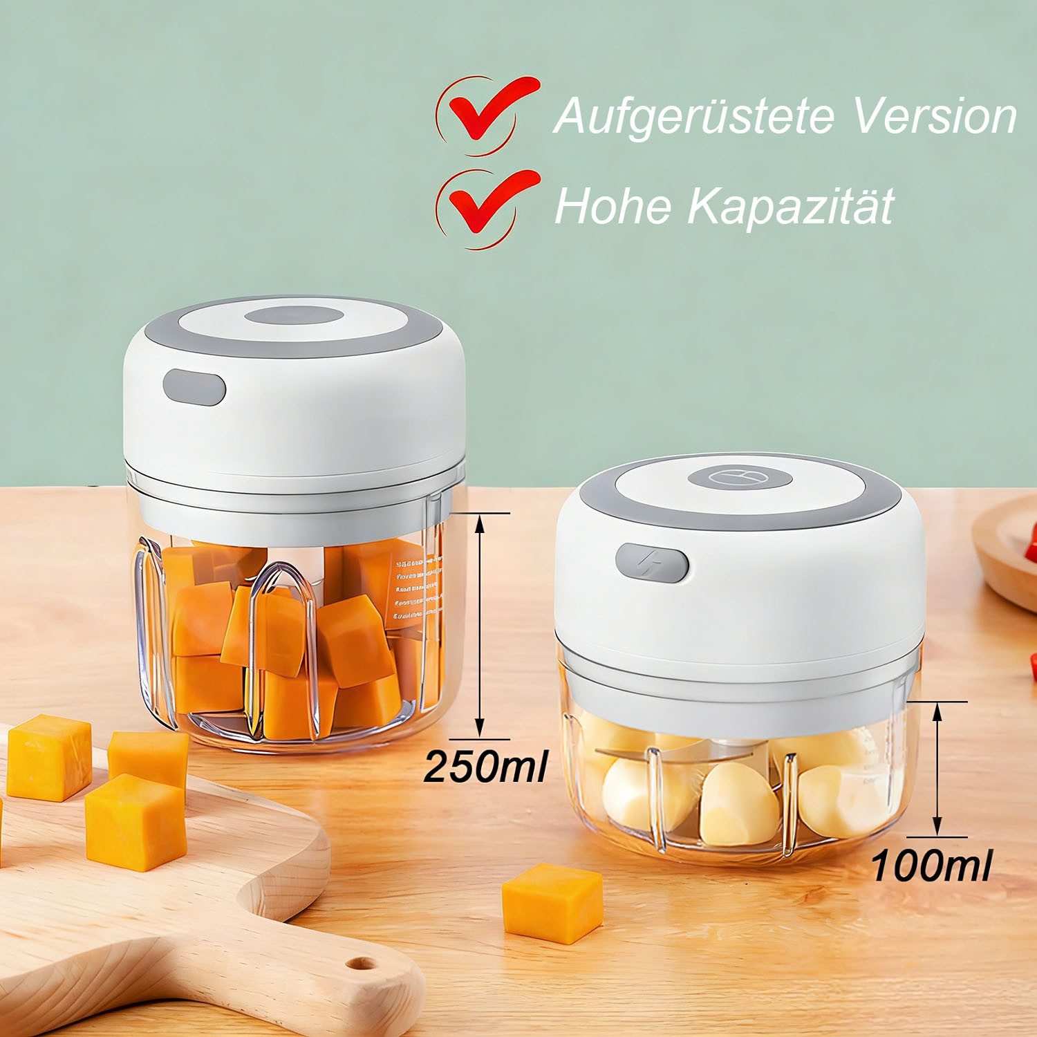 AIMAX Zerkleinerer Elektrisch Knoblauchhacker Zwiebel Mini Multizerkleinerer Chopper, Knoblauchpresse 250ML & 100ML Auch für Fleisch Garlic Obst