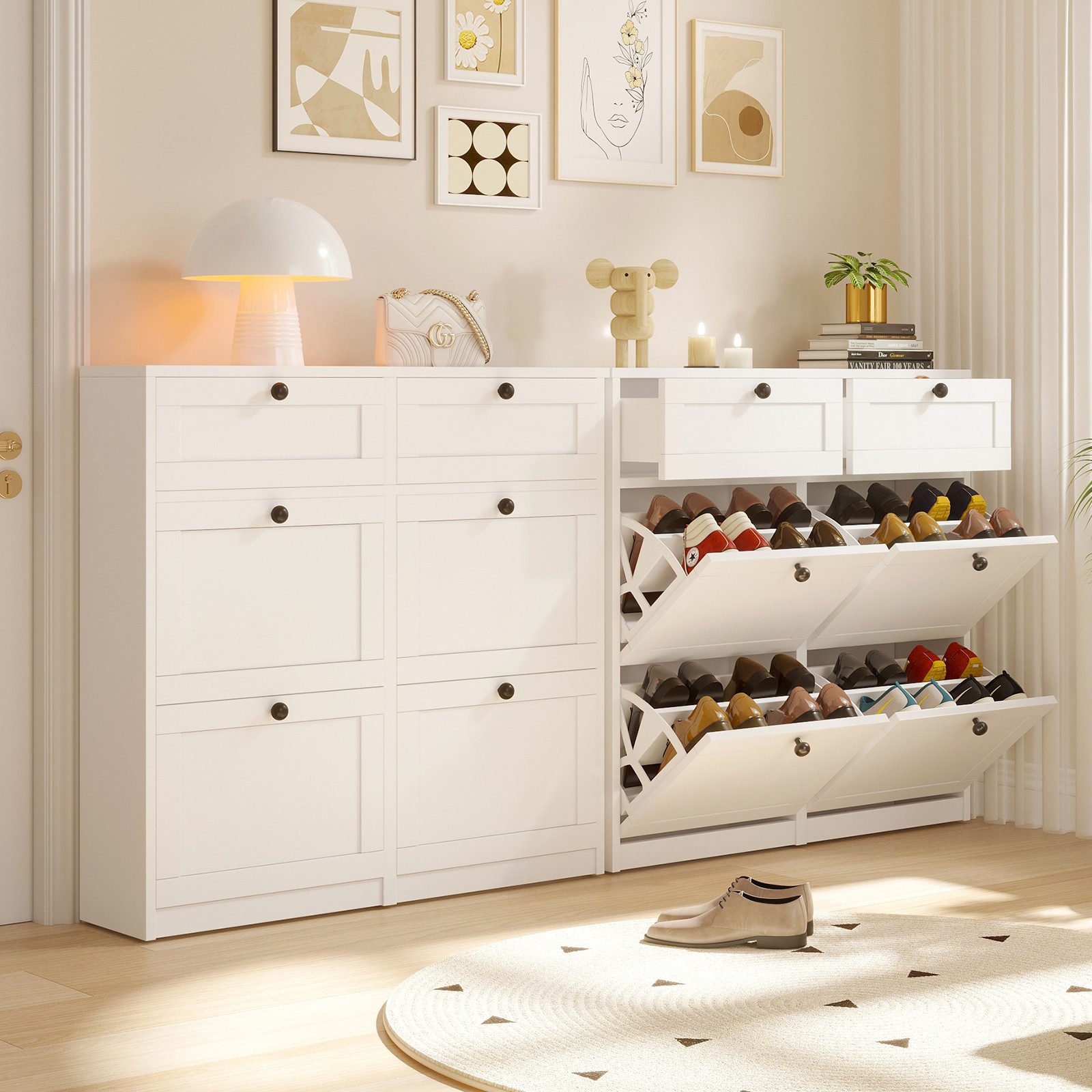 VOWNER Schuhschrank mit 4 Klappen, einstellbarer Schuhregal, schmaler Weiß