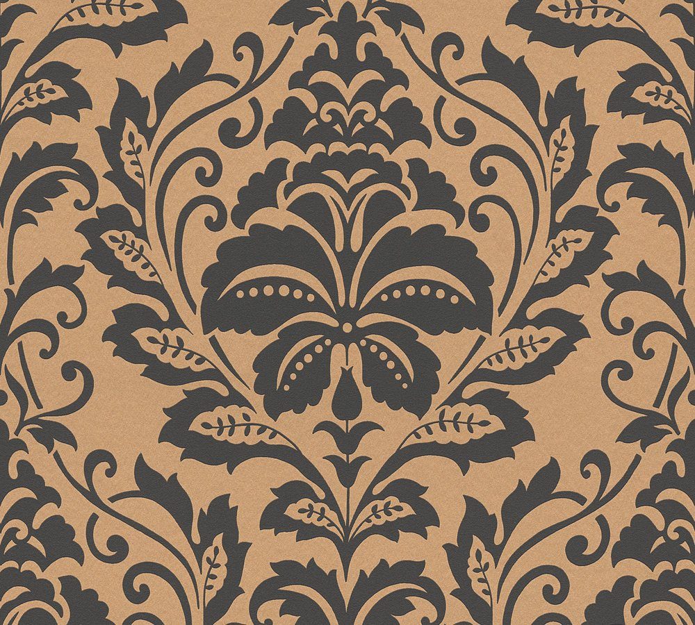 Profhome Vliestapete 369104-GU, glatt, botanisch, glänzend, ornamental, Barock-Style, (1 Rolle, 5,33 qm), Vinyltapete auf Vliesbasis, gold, braun