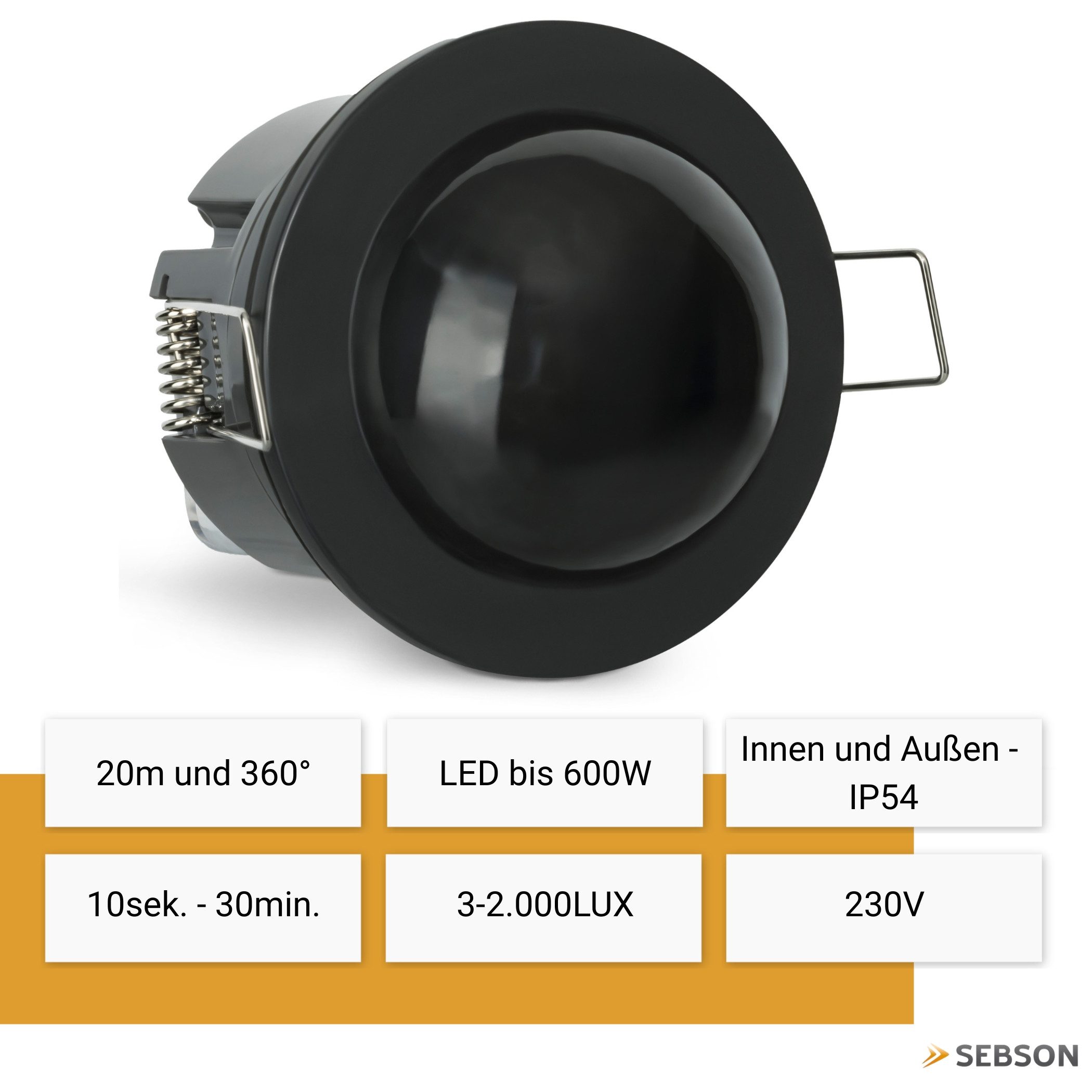 SEBSON Bewegungsmelder Infrarot Sensor Außen IP54 Unterputz Decke 20m Reichweite 360°, (1-St), Innen und Außen geeignet, programmierbar, LED geeignet 600W, 3 Draht