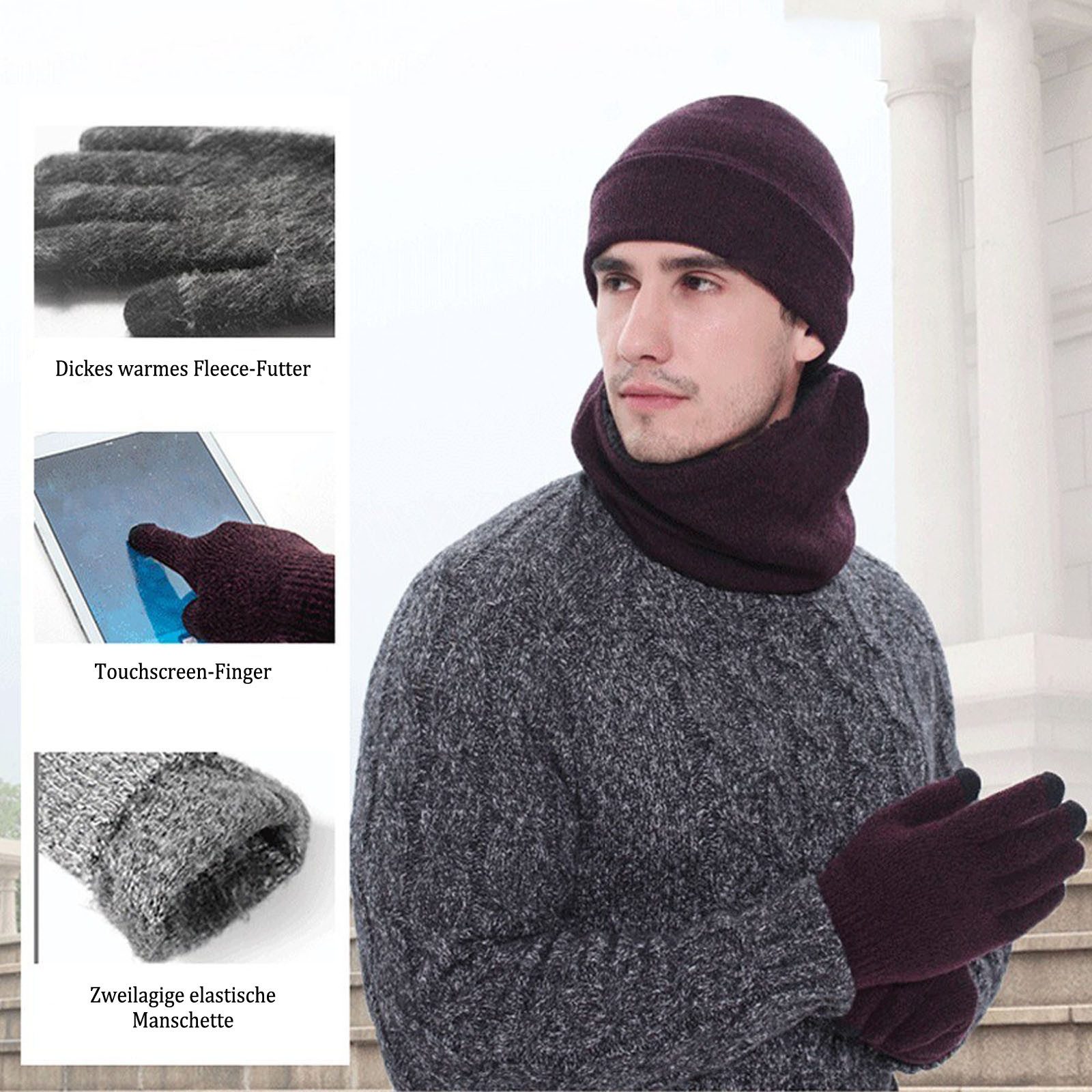 Coonoor Mütze & Schal Modisches und warmes 3-teiliges Set aus Schal, Mütze und Handschuhen Unisex, Herbst-/Winter-Set mit Beanie, Handschuhen und Schal – Bild 4 von 5