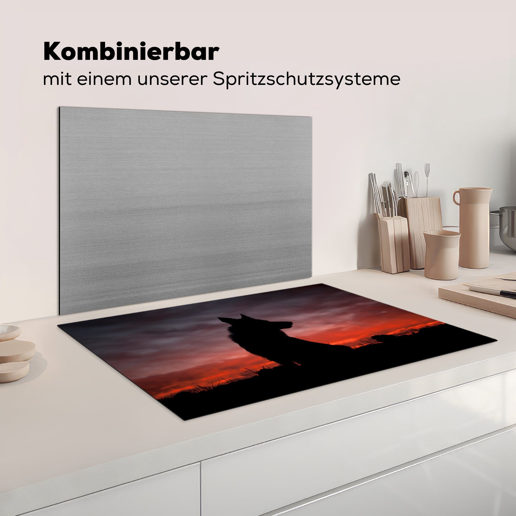 tlg), Schutz - für Sonnenuntergang, Raubtier MuchoWow (1 die Wolf cm, Vinyl, Ceranfeldabdeckung küche, - Herdblende-/Abdeckplatte Induktionskochfeld 81x52