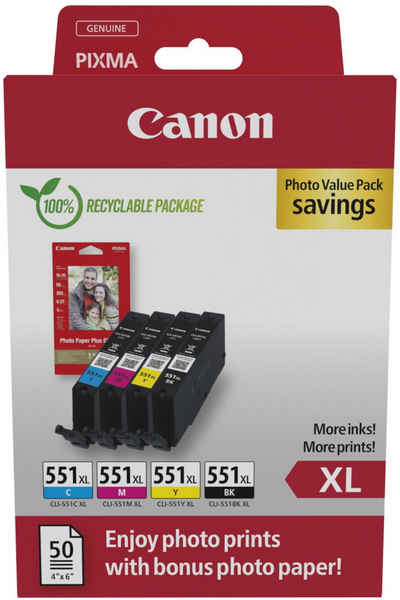 Canon 4 Druckerpatronen Tinte CLI-551 XL BK/C/M/Y Photo Pack + Fotopapier Tintenpatrone