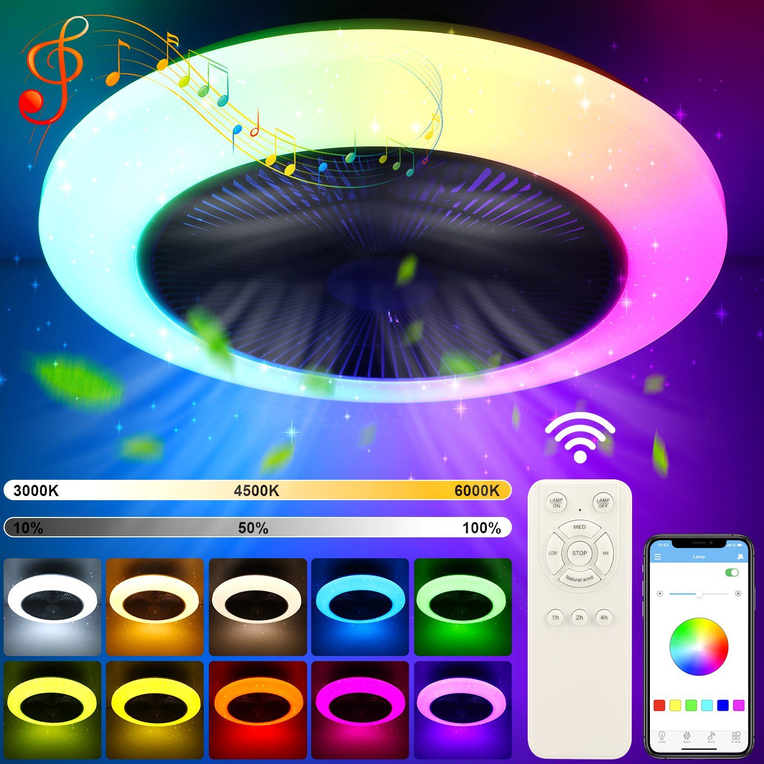 oyajia Deckenleuchte 60W RGB LED Deckenleuchte Deckenventilator, mit  Bluetooth Lautsprecher, LED fest integriert, RGB Farbwechsel (3000~6500K),  Fernbedienung APP Dimmbar, LED Deckenventilator Leuchte Ø 50cm, für  Schlafzimmer Wohnzimmer Küche Hotel