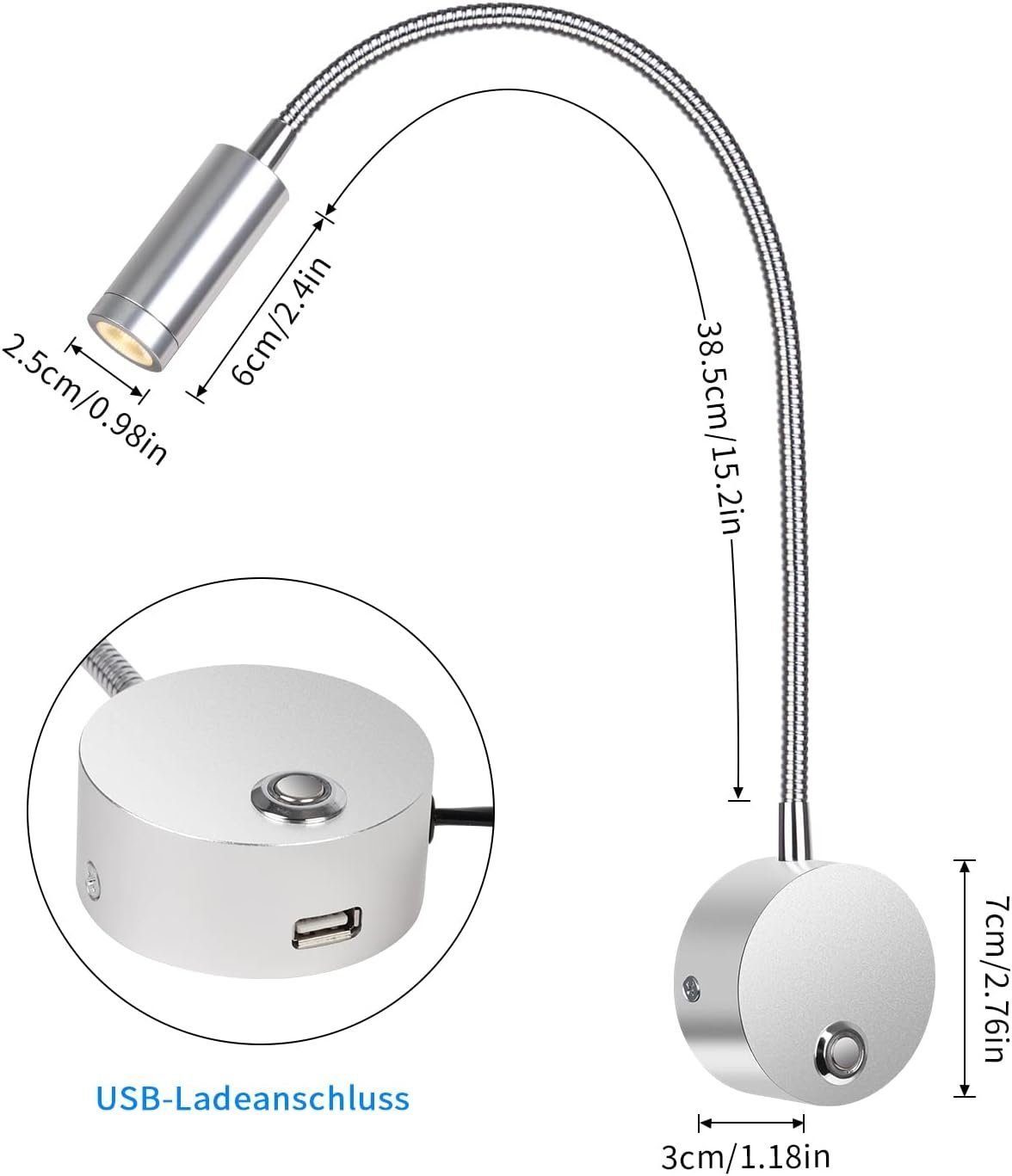 Wandmontage,mit Leselampe USB-Ladeanschluss, Schreibtischlampe 360° & Silber DOPWii Schalter Touch