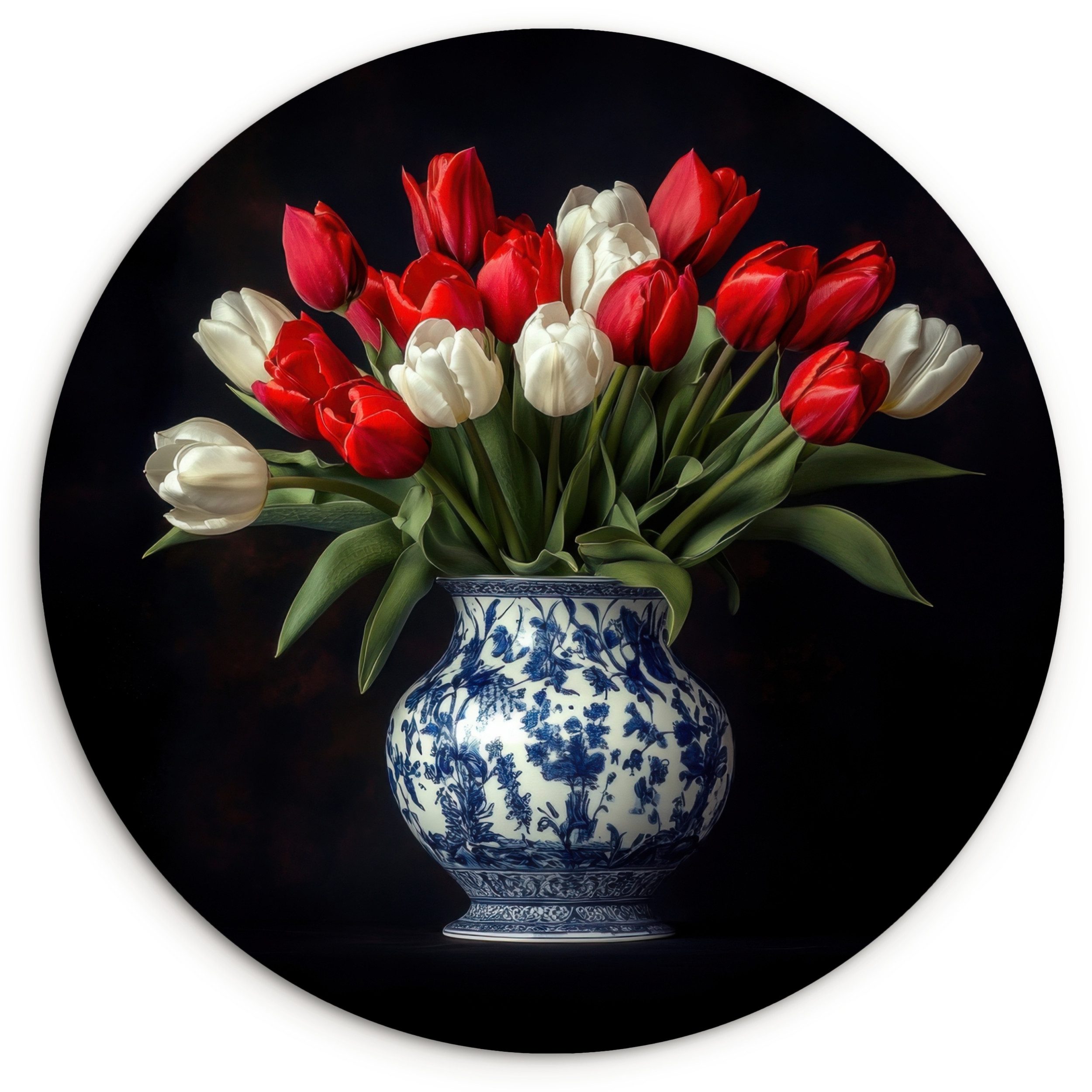 MuchoWow Gemälde Rot - Blumen - Tulpen - Vase, Fotodruck (1 St), Kreis Wanddekoration, Rundes Wandbild, 30x30 cm