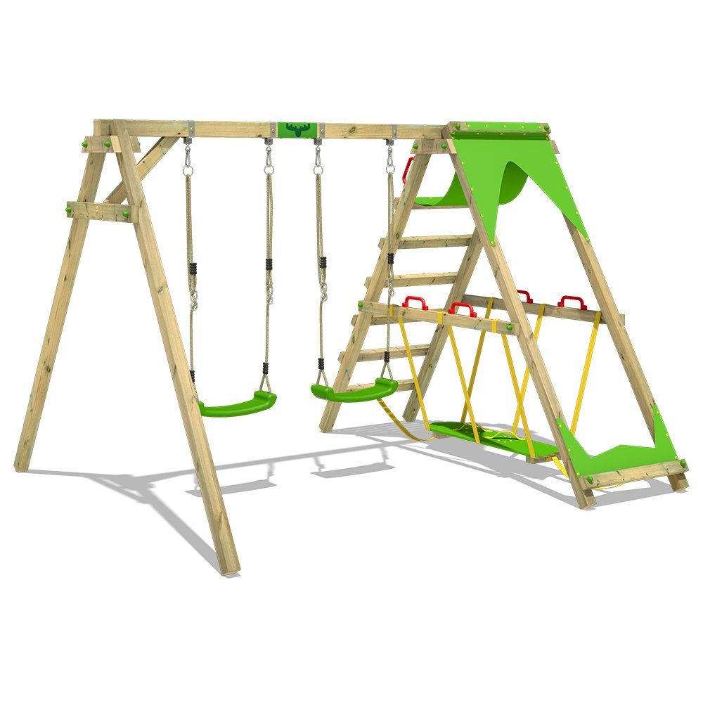 FATMOOSE Doppelschaukel JollyJade mit Surfschaukel, Kletteranbau und Hochsitz, (Schaukel - Set, 10 jährige Garantie), Hochsitz, Wackelbrett und Kletterpodest