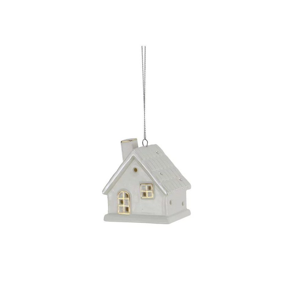 LED Windlicht Haus mit LED aus Porzellan Gold/weiß Lichthaus glänzend