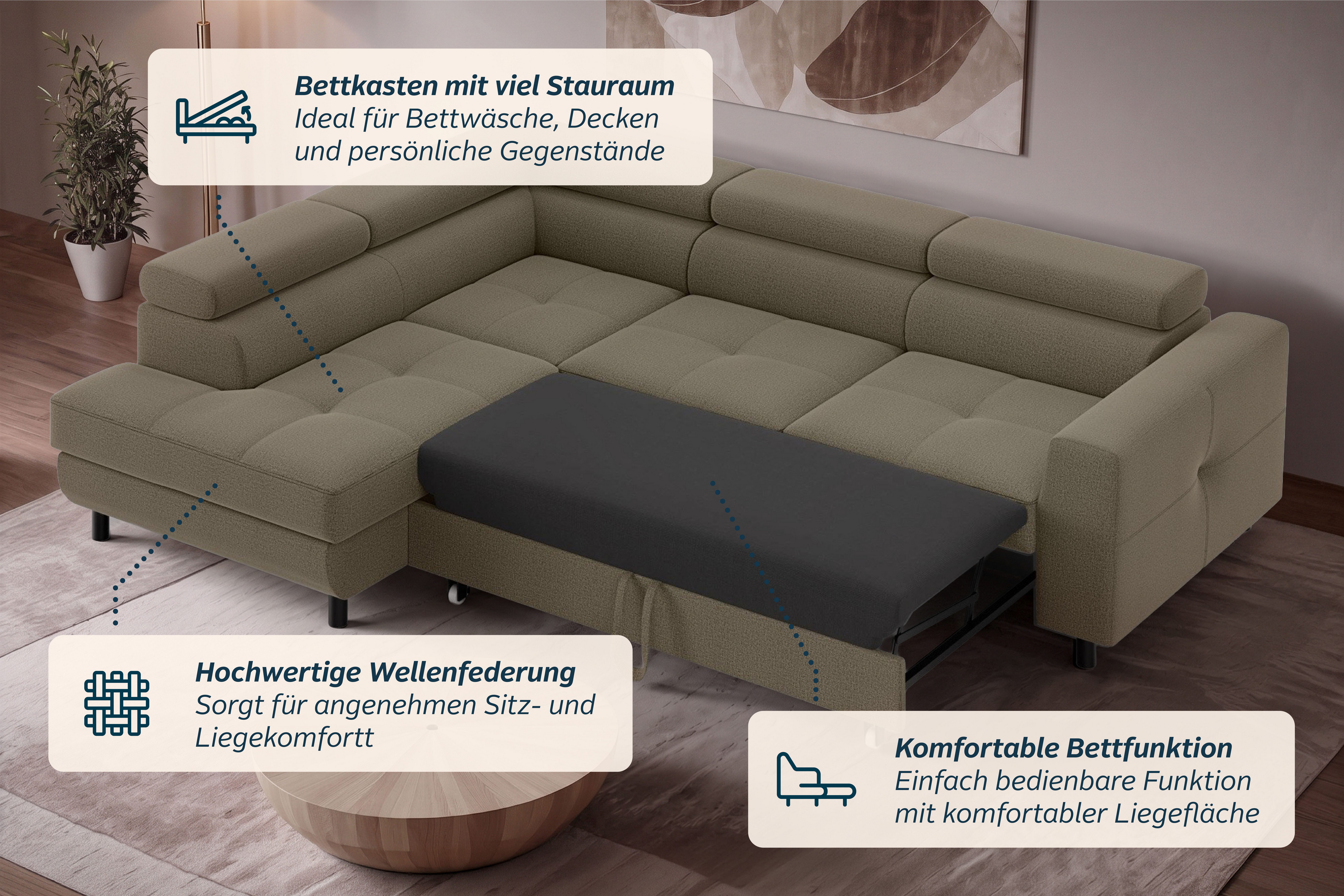 OTTO home Ecksofa AADEN Schlafsofa 254 cm - OTTO. Verlässliche Qualität., mit Bettfunktion, Bettkasten, Kopfstützen, rechts/links bestellbar – Bild 4 von 5