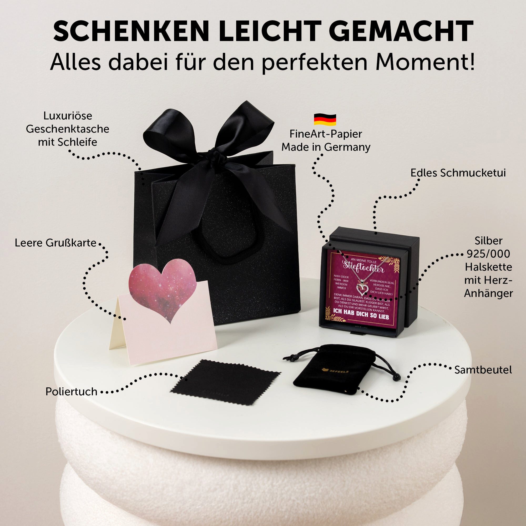 22Feels Schmuckset Stieftochter Geschenk Bonus-Tochter Mädchen Herz Halskette Frauen (inkl. Geschenktasche, Karte(n), Poliertuch, Beutel), Silber 925/000, Karte Made In Germany