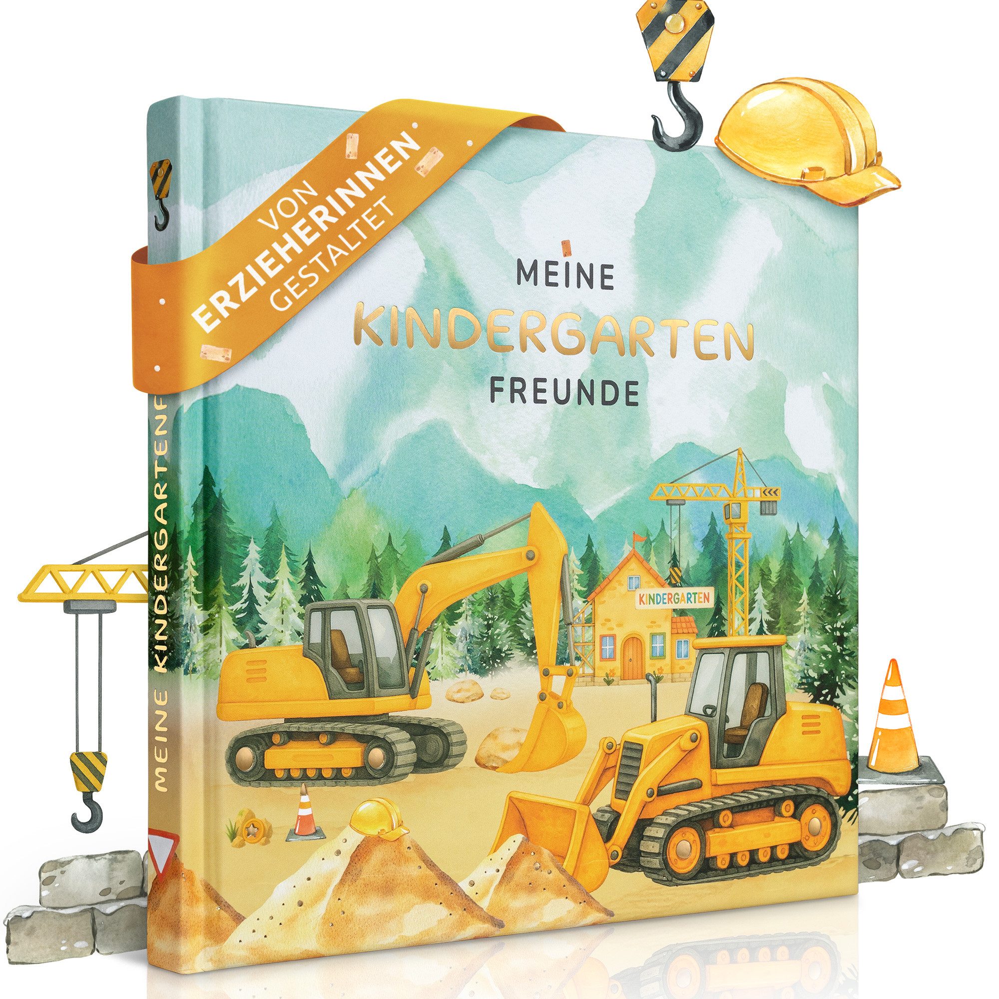 Eulentaler Freundebuch Kindergarten Baumaschinen & Bagger I Von Erzieherinnen gestaltet I + Goldprägung, Handgemalte Illustrationen I Kinderfreundliche Gestaltung