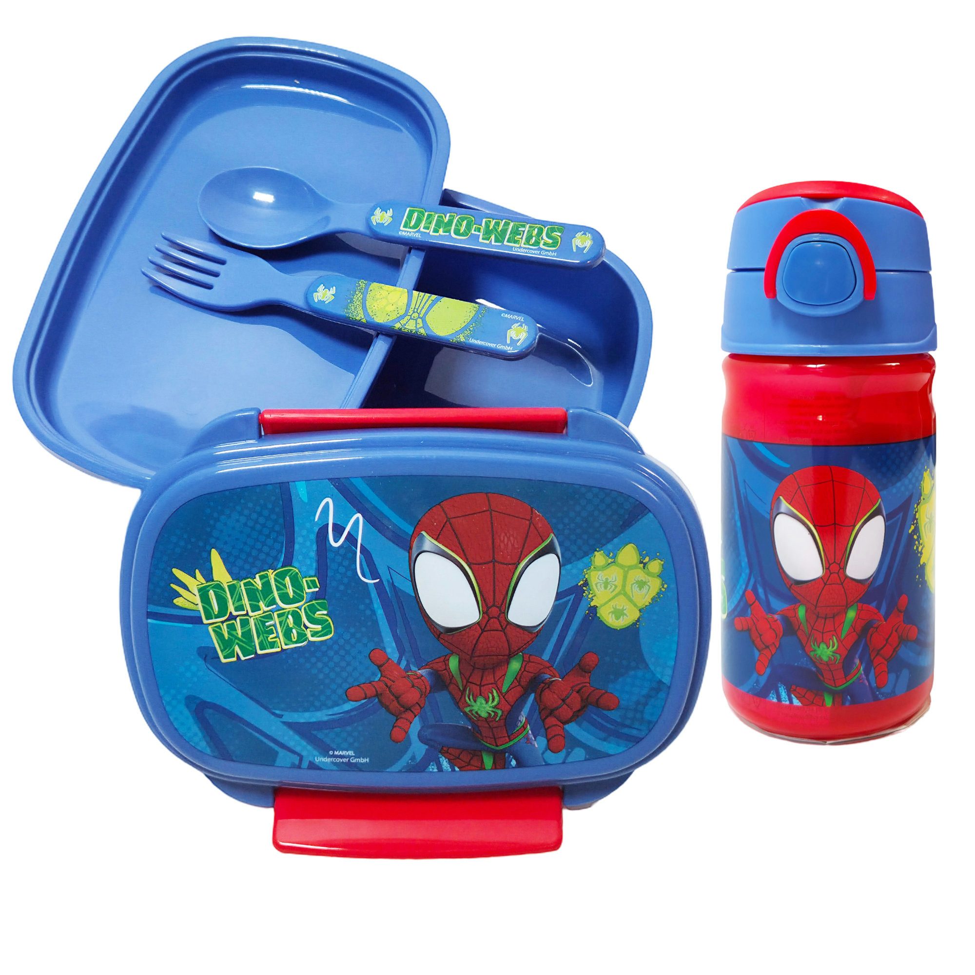 MARVEL Lunchbox Marvel Spidey Spiderman 4 tlg Kinder Set Brotdose Trinkflasche Besteck, (4-tlg., Spar-Set)