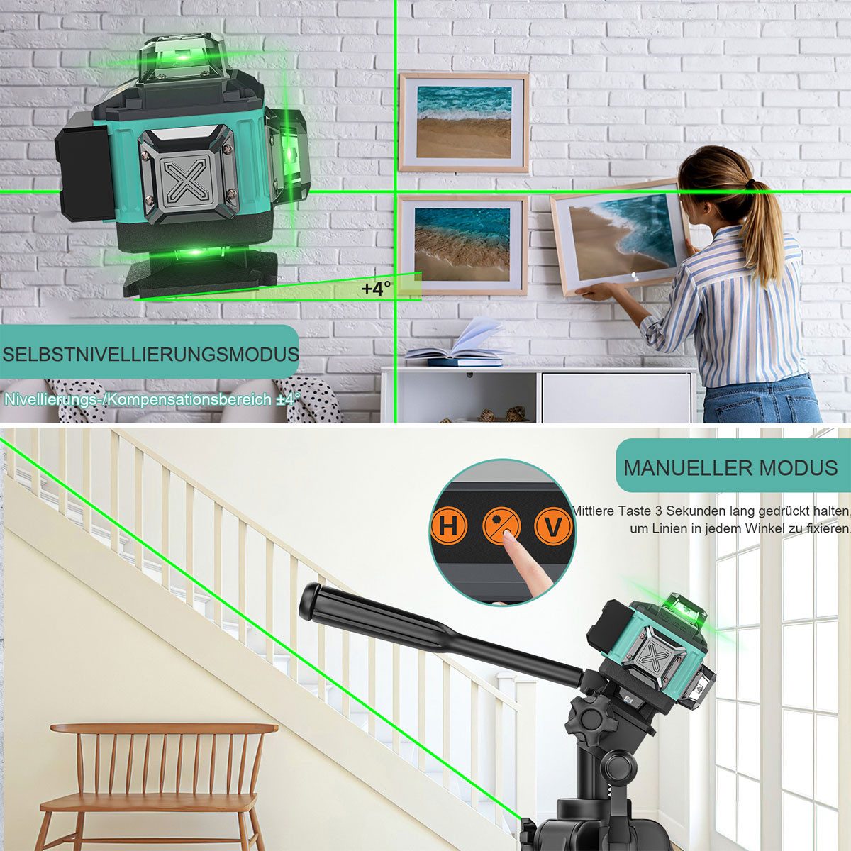 AeroAxis Laserwasserwaage Profi Kreuzlinienlaser grün 4×360° 16Linien, Selbstnivellierend, (Funkfernbedienung, Magnetfuß & Drehstativ, inkl. 2 Akkus), für Fliesen, Decken & Innenausbau