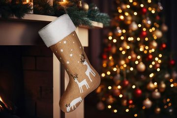 BRUBAKER Nikolausstiefel 2er Set Weihnachtsstrumpf zum Befüllen und Aufhängen (Weihnachtsdeko, 2 St., Weihnachtssocken aus Jute in weihnachtlichen Designs), 52 cm große Nikolausstrümpfe für Weihnachten und Nikolaus