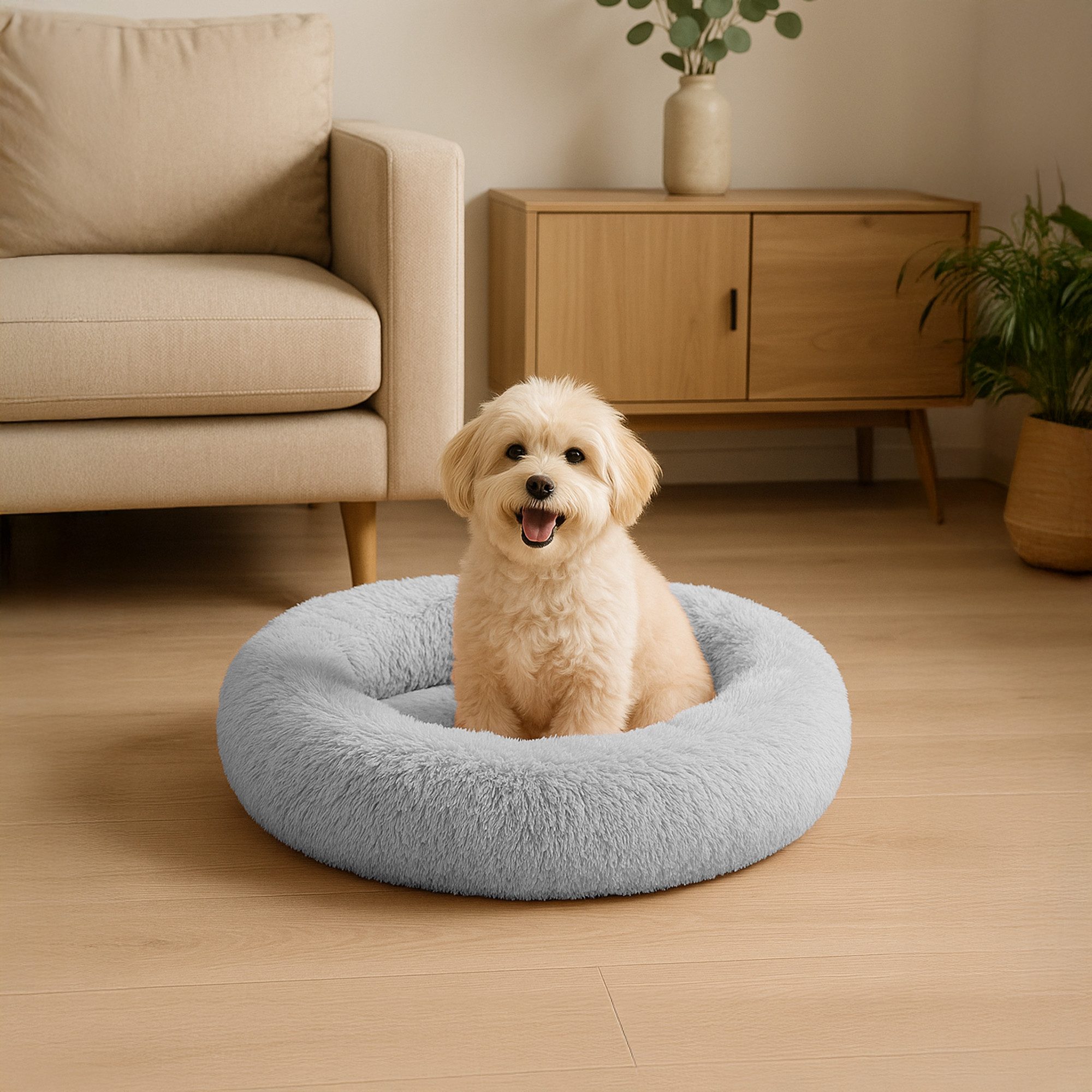 belviona Tierbett in Donut-Form mit ergonomischen Rand, 50 cm Durchmesser, hellgrau, Polyester, Schlafen wie auf Wolken, mit weicher Füllung, Anti-Rutsch