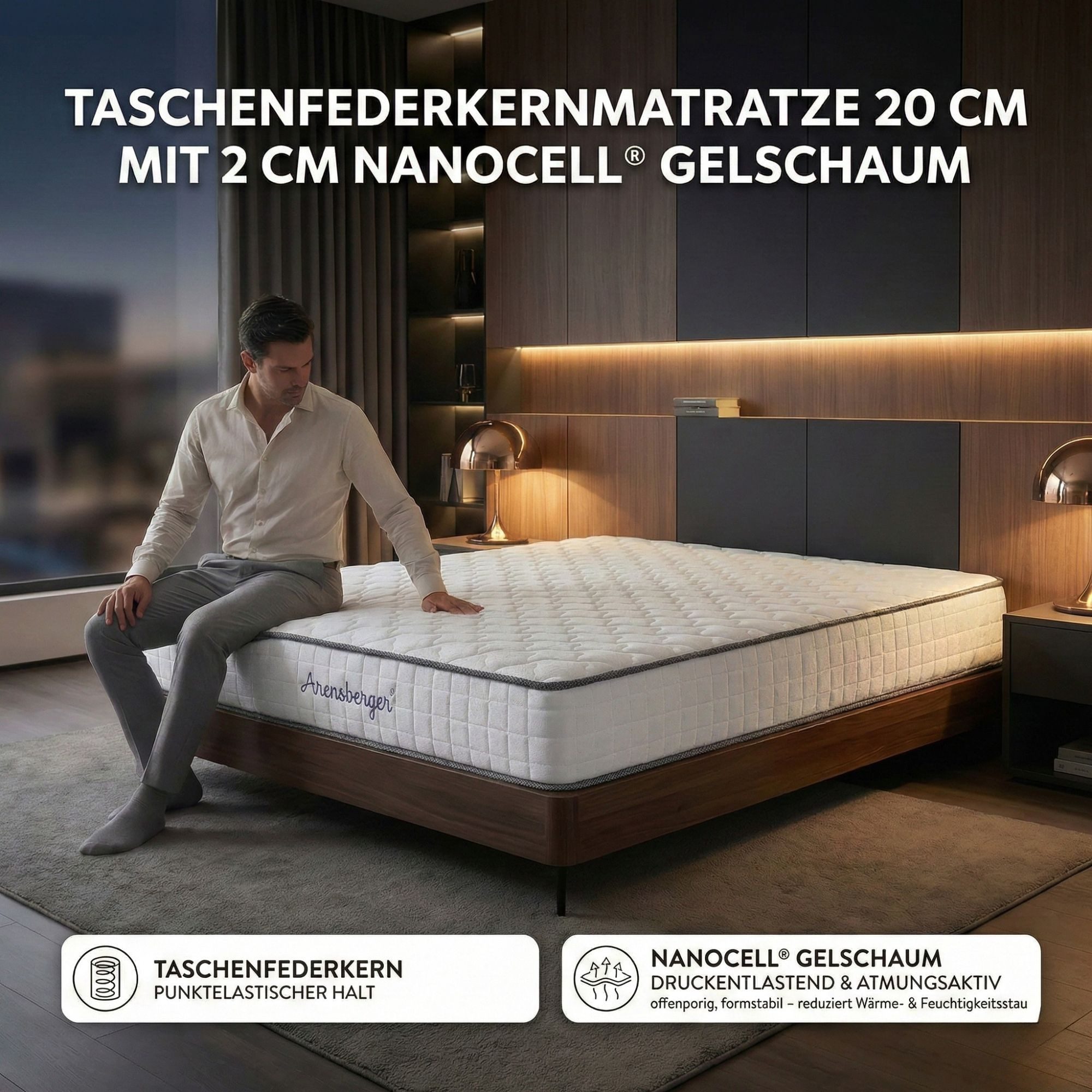 Taschenfederkernmatratze JANA 7 Zonen Matratze, H3 mittelfest, Gelschaum, Federkern, Arensberger, 20 cm hoch, (80 x 200 cm, 80x200cm), Rollmatratze, 20 cm hoch, atmungsaktiv, 90x200 140x200 & mehr