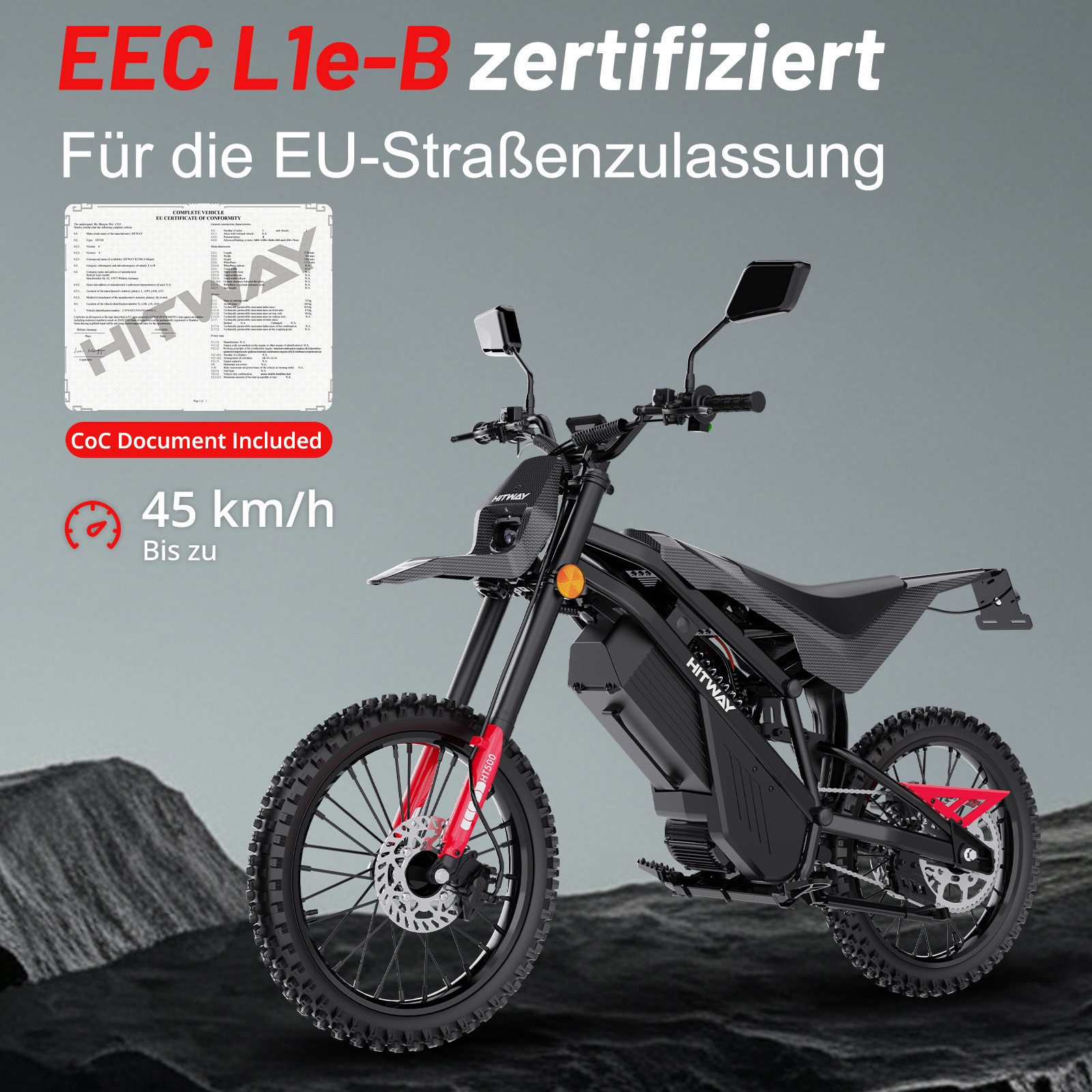 HITWAY E-Motorrad HT500 Elektro Motorrad (EEC L1e-B), 60V 27Ah, Hydraulikscheibenbremsen, 4000 W, 45 km/h, 238 Nm Rad-Drehmoment, 45–60 km Reichweite, Seitenständer-Abschaltung